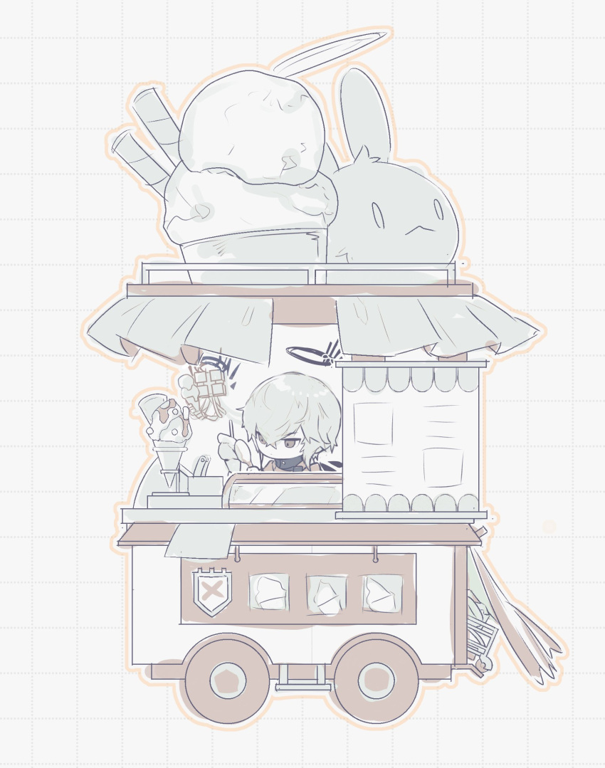 1boy arknights chibi cooking executor_(arknights) food frown grey_hair grid_background halo highres ice_cream limited_palette looking_to_the_side male_focus outline parfait red_eyes short_hair simple_background sketch solo spoon vending_cart wasadnt white_background