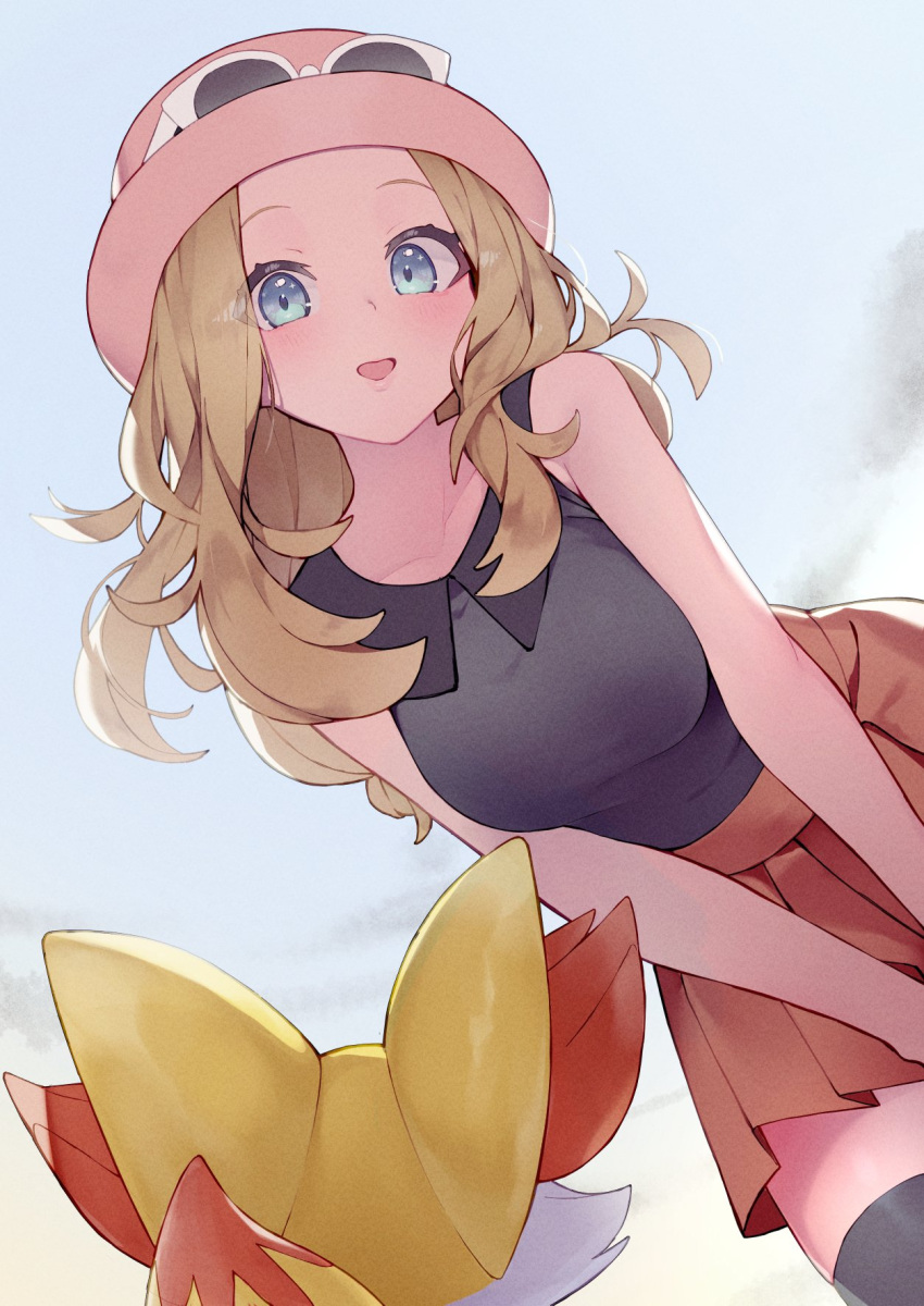 1girl animal_ears bare_shoulders bent_over black_shirt black_thighhighs blonde_hair blue_eyes blush breasts collarbone commentary_request eyewear_on_head fennekin fox fox_ears fox_tail highres looking_at_viewer medium_breasts pink_headwear pokemon pokemon_(creature) pokemon_xy red_skirt rindoriko serena_(pokemon) shirt skirt sleeveless sleeveless_shirt tail thighhighs white_background