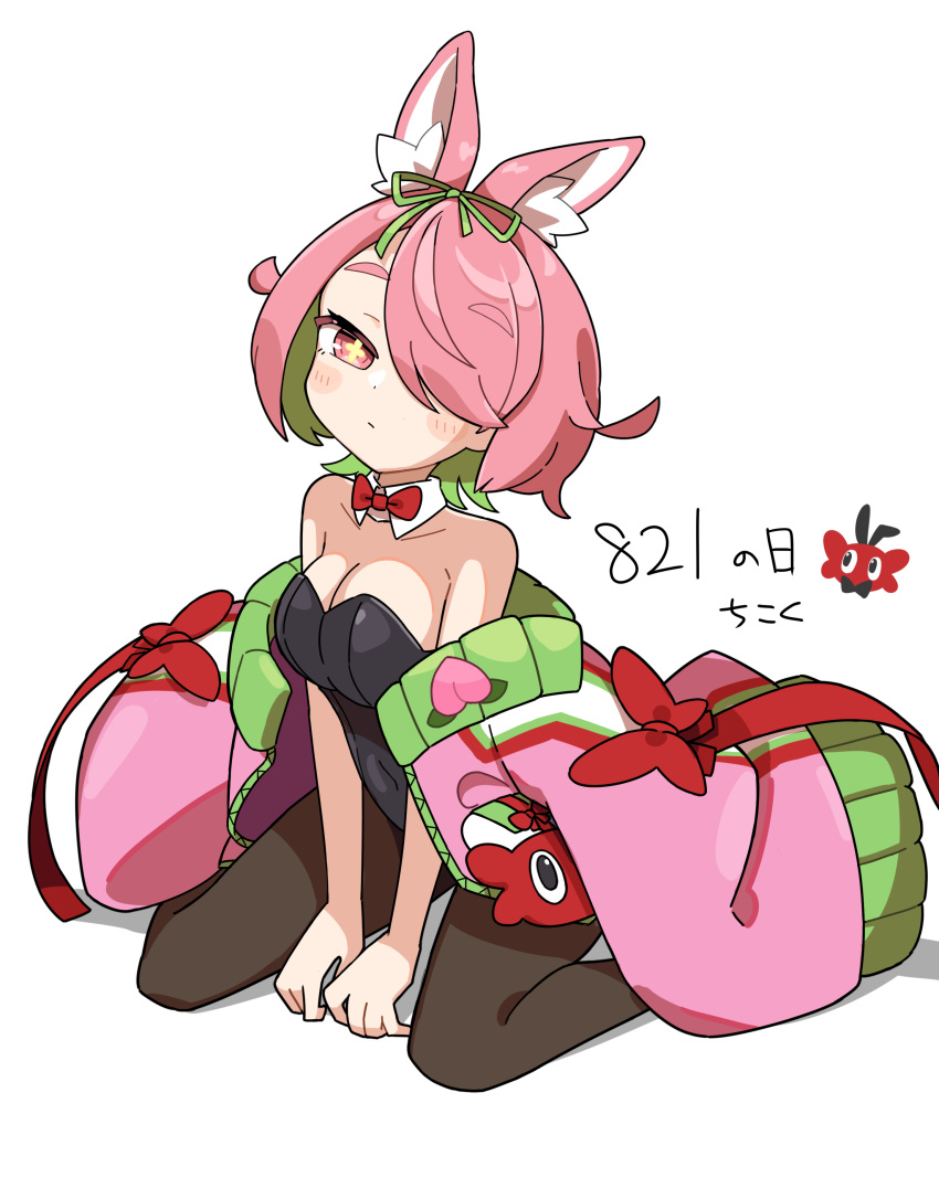 1girl absurdres alternate_costume animal_ear_fluff animal_ears azuchi_momo bare_shoulders black_leotard black_pantyhose blush bow bowtie breasts butterfly_ornament cleavage closed_mouth colored_inner_hair detached_collar flower-shaped_pupils full_body green_bow green_hair hair_bow hair_over_one_eye hair_ribbon heart highres jacket leotard long_sleeves looking_at_viewer marlowe multicolored_hair nijisanji one_eye_covered pantyhose pink_eyes pink_hair pink_jacket playboy_bunny rabbit_ears rabbit_girl red_bow red_bowtie ribbon short_hair sitting solo strapless strapless_leotard symbol-shaped_pupils two-tone_hair unworn_jacket virtual_youtuber wariza white_background wide_sleeves