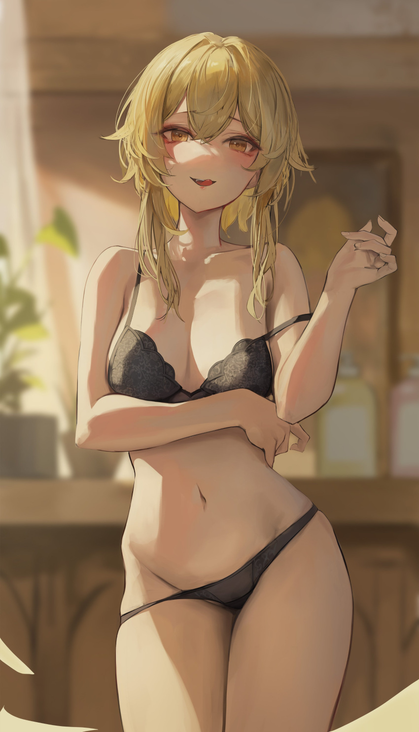 1girl absurdres arm_under_breasts black_bra black_panties blonde_hair blurry blurry_background bra breasts commentary genshin_impact highres indoors leviathan_(hikinito0902) licking_lips lumine_(genshin_impact) medium_breasts naughty_face navel panties short_hair_with_long_locks solo strap_slip symbol-only_commentary tagme tongue tongue_out underwear underwear_only yellow_eyes