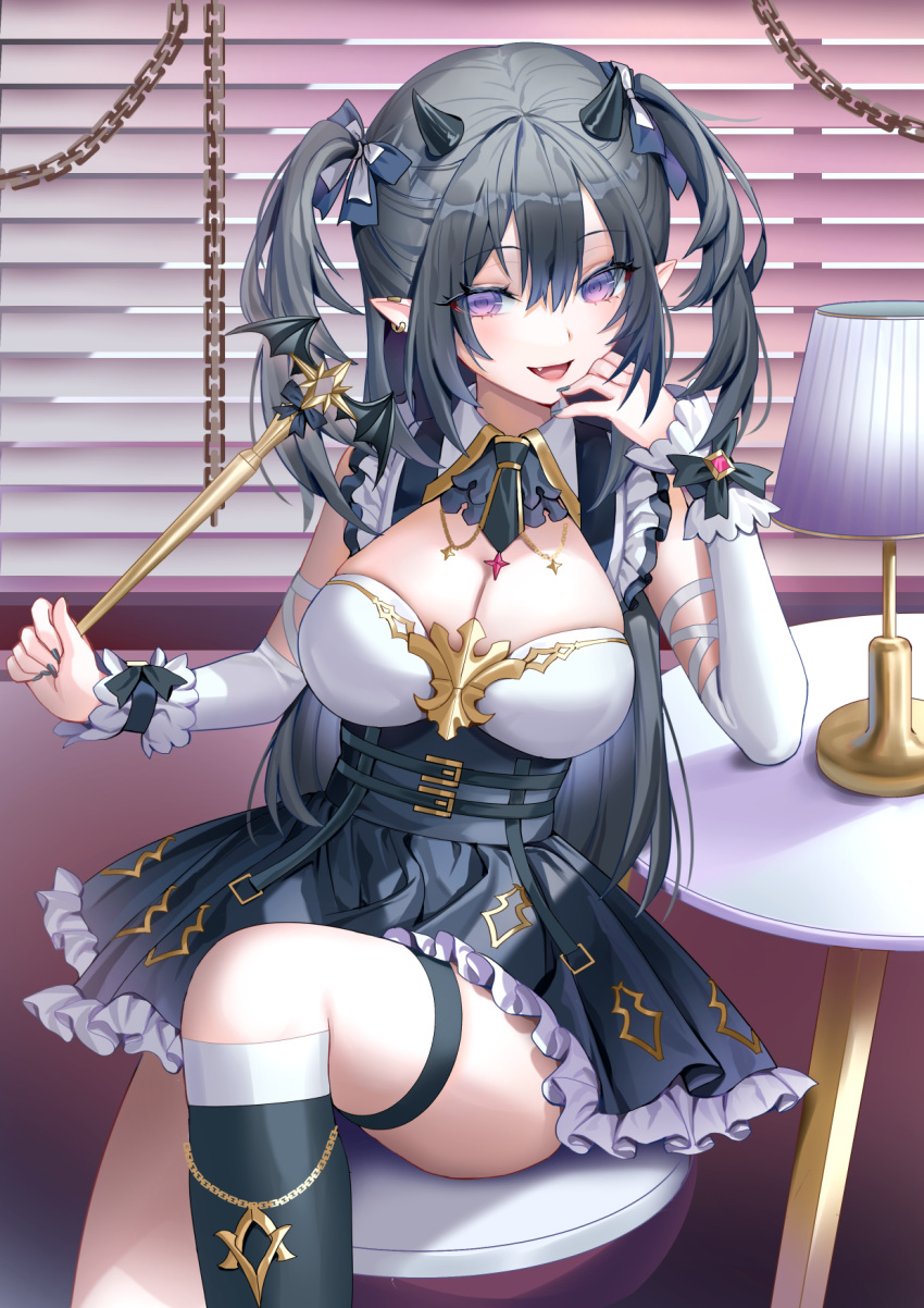 1girl :d bare_shoulders black_bow black_hair black_nails black_skirt black_socks bow breasts chain cleavage commentary detached_sleeves fang frilled_skirt frills hair_between_eyes high-waist_skirt highres holding holding_wand horns knee_up kneehighs lamp large_breasts lloule long_sleeves looking_at_viewer nail_polish original pleated_skirt pointy_ears purple_eyes skirt smile socks solo stool symbol-only_commentary table thigh_strap two_side_up wand white_sleeves window_blinds