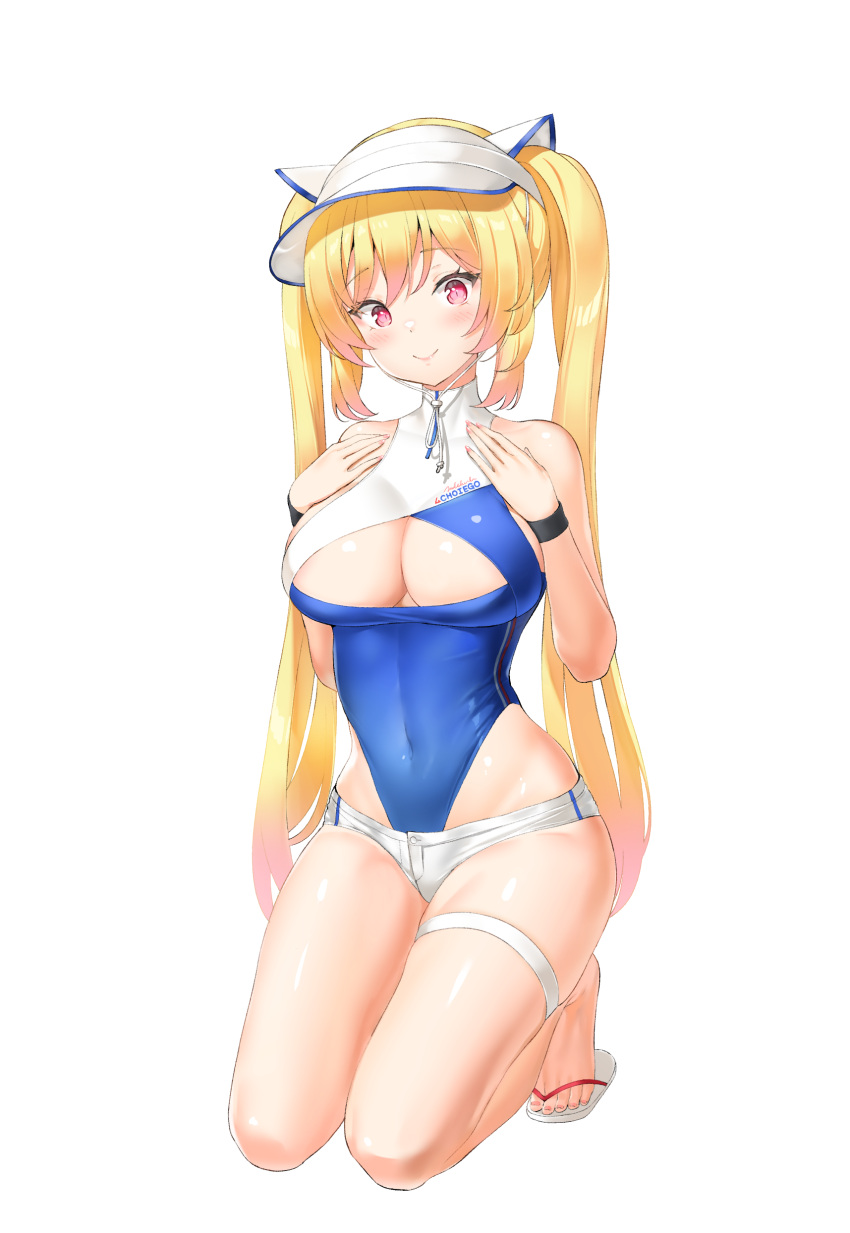 1girl absurdres animal_ear_headwear bare_legs bare_shoulders baseball_cap blonde_hair blue_one-piece_swimsuit breasts choi_ego cleavage closed_mouth commission covered_navel gradient_hair hair_through_headwear hands_up hat highleg highleg_swimsuit highres keibeam kneeling large_breasts long_hair looking_at_viewer micro_shorts multicolored_hair one-piece_swimsuit original red_eyes second-party_source shorts simple_background slippers smile solo sweatband swimsuit thigh_strap thighs twintails two-tone_swimsuit very_long_hair white_background white_headwear white_shorts