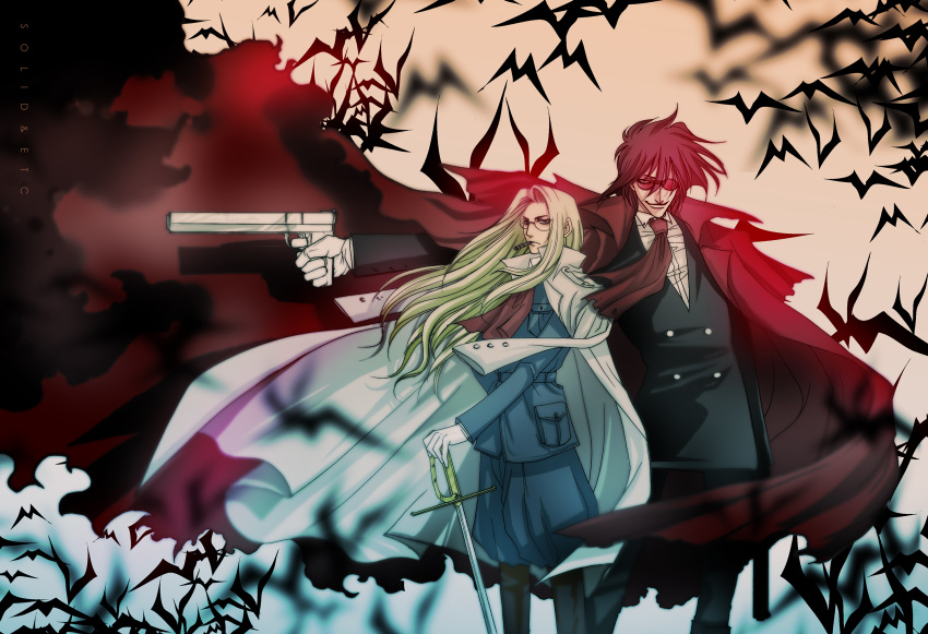 1boy 1girl alucard_(hellsing) ascot baggy_pants blonde_hair cigar coat coat_on_shoulders expressionless finger_on_trigger glasses gloves gun handgun hellsing highres holding holding_gun holding_weapon integra_hellsing long_hair pants red_ascot red_coat red_hair simple_bat smile smoking sunglasses sword toshimichi_yukari weapon white_coat white_gloves