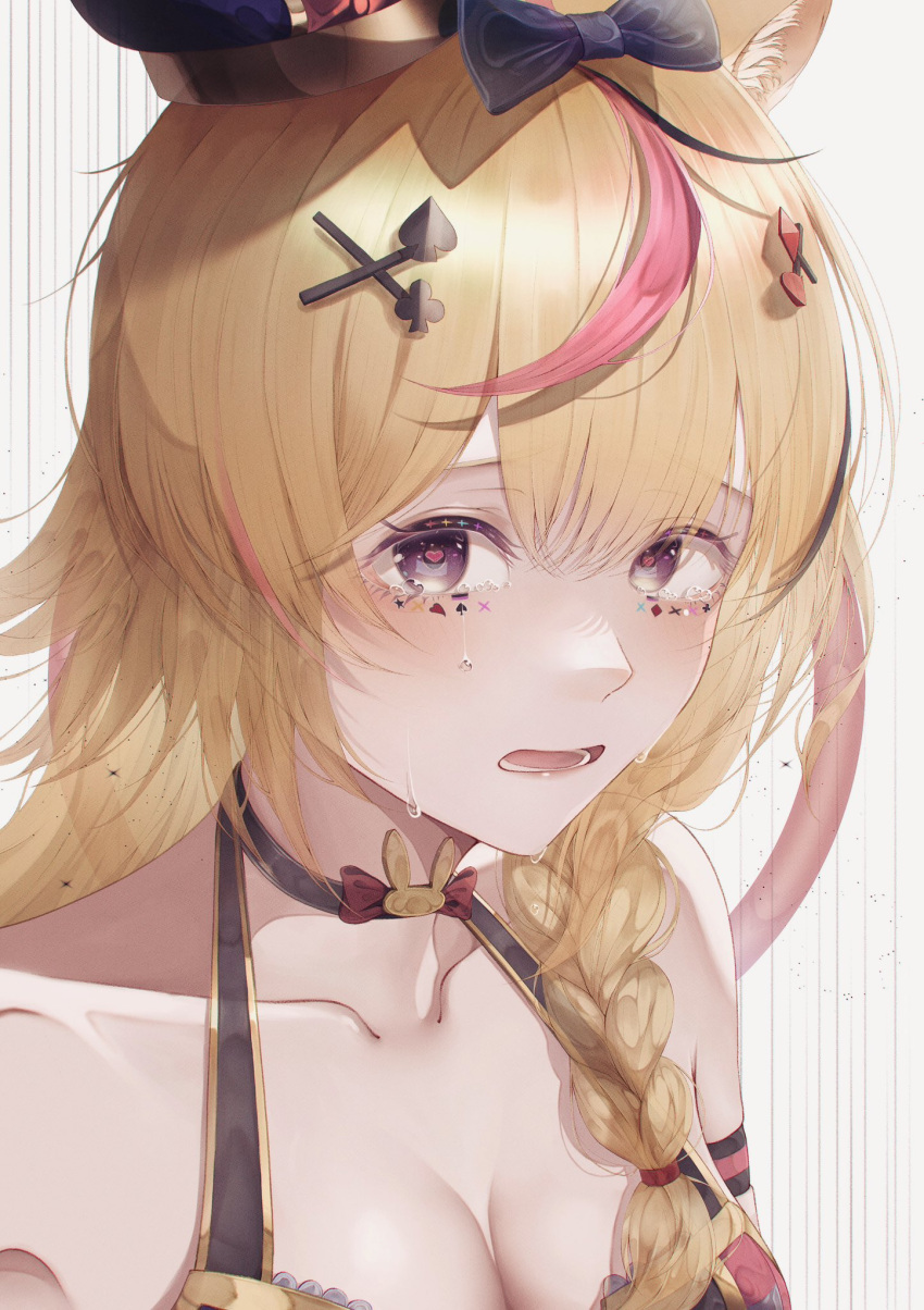 1girl ahoge animal_ears arm_strap bare_shoulders black_hair blonde_hair blue_bow bow bowtie braid breasts cleavage commentary crying crying_with_eyes_open facial_mark fox_ears fox_girl hair_between_eyes hair_bow hair_ornament hair_over_shoulder hairclip halter_shirt halterneck hat heart heart-shaped_pupils highres hololive ib._(eve_nekozuki) jester_cap long_hair looking_at_viewer medium_breasts multicolored_hair omaru_polka omaru_polka_(1st_costume) open_mouth pink_hair purple_eyes red_bow red_bowtie shirt side_braid simple_background single_braid sleeveless sleeveless_shirt solo streaked_hair symbol-shaped_pupils tears tilted_headwear traditional_bowtie upper_body virtual_youtuber white_background wing_collar x_hair_ornament