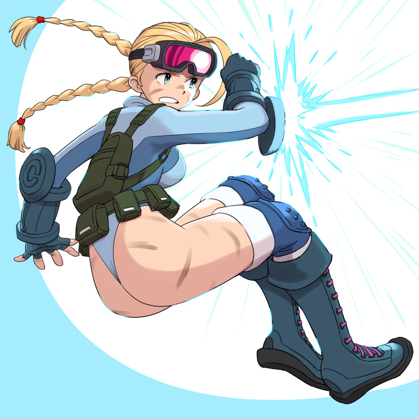 1girl ahoge antenna_hair ass backpack bag blocking blonde_hair blue_eyes boots braid breasts cammy_white fingerless_gloves full_body gauntlets gloves goggles goggles_on_head highleg highleg_leotard highres knee_boots knee_pads large_breasts laser_beam leotard long_hair official_alternate_costume pouch scar shigenobu solo street_fighter street_fighter_v thong thong_leotard twin_braids