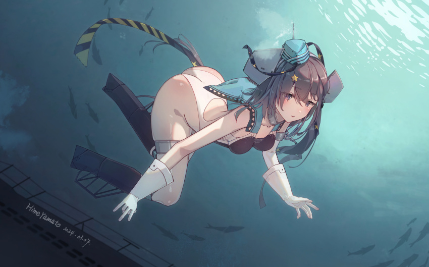 1girl aqua_headwear black_one-piece_swimsuit black_ribbon breasts competition_swimsuit garrison_cap gloves grey_hair hair_ornament hair_ribbon hat highleg highleg_swimsuit highres himeyamato kantai_collection long_hair medium_breasts one-piece_swimsuit ribbon scamp_(kancolle) side_ponytail solo star_(symbol) star_hair_ornament swimsuit two-tone_one-piece_swimsuit white_gloves white_one-piece_swimsuit