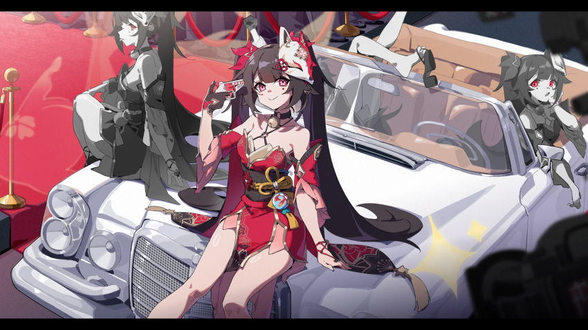 4girls arm_at_side bare_shoulders bell black_choker bow brown_hair camera car choker closed_mouth collarbone criss-cross_halter dress feet_out_of_frame flower-shaped_pupils fox_mask gun gun_to_head hair_bow halterneck highres holding holding_gun holding_weapon honkai:_star_rail honkai_(series) inseki11 long_hair mask mask_on_head motor_vehicle multiple_girls multiple_persona neck_bell o-ring obi pelvic_curtain pink_eyes red_bow red_carpet red_dress red_eyes revolver sash short_dress sitting_on_car sleeveless sleeveless_dress smile snubnosed_revolver sparkle_(honkai:_star_rail) stanchion steering_wheel symbol-shaped_pupils twintails very_long_hair weapon