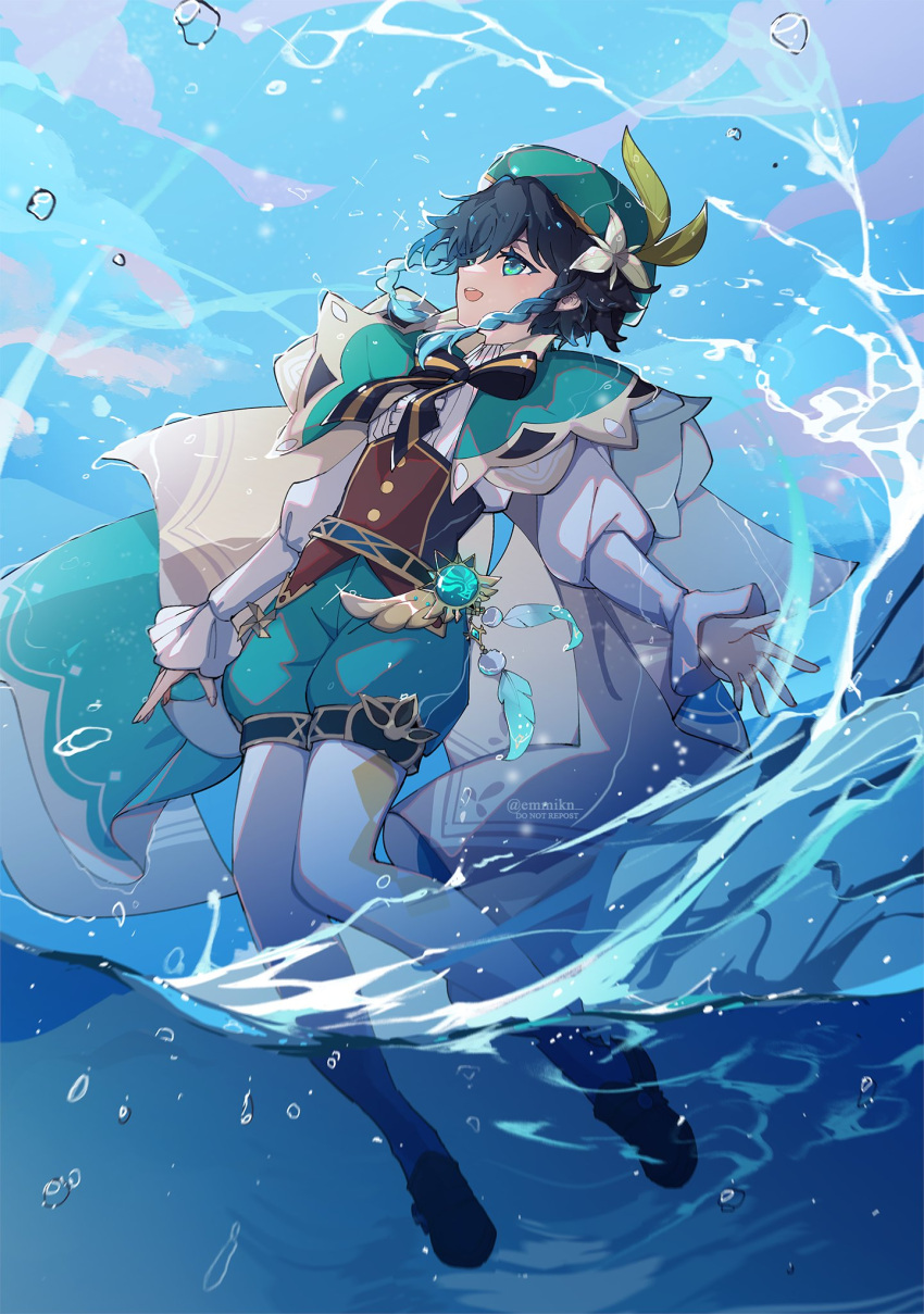 1boy anemo_symbol_(genshin_impact) aqua_eyes aqua_hair black_hair bow braid cape emmikn flower from_side genshin_impact green_headwear green_shorts hat hat_flower highres long_sleeves medium_hair open_mouth shirt shorts solo splashing thighhighs twin_braids venti_(genshin_impact) vision_(genshin_impact) water water_drop white_shirt white_thighhighs