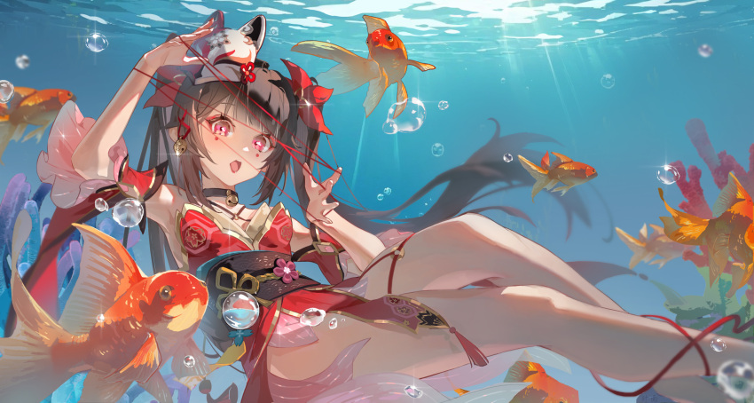 1girl :o air_bubble bare_legs bare_shoulders bell black_choker bow brown_hair bubble cat's_cradle choker detached_sleeves dress feet_out_of_frame fish hair_bow highres honkai:_star_rail honkai_(series) knees_together_feet_apart light_rays liyahan looking_at_viewer neck_bell open_mouth pelvic_curtain pink_eyes red_bow red_dress red_sleeves short_dress short_sleeves sleeveless sleeveless_dress solo sparkle_(honkai:_star_rail) string string_of_fate teeth thighs twintails underwater upper_teeth_only