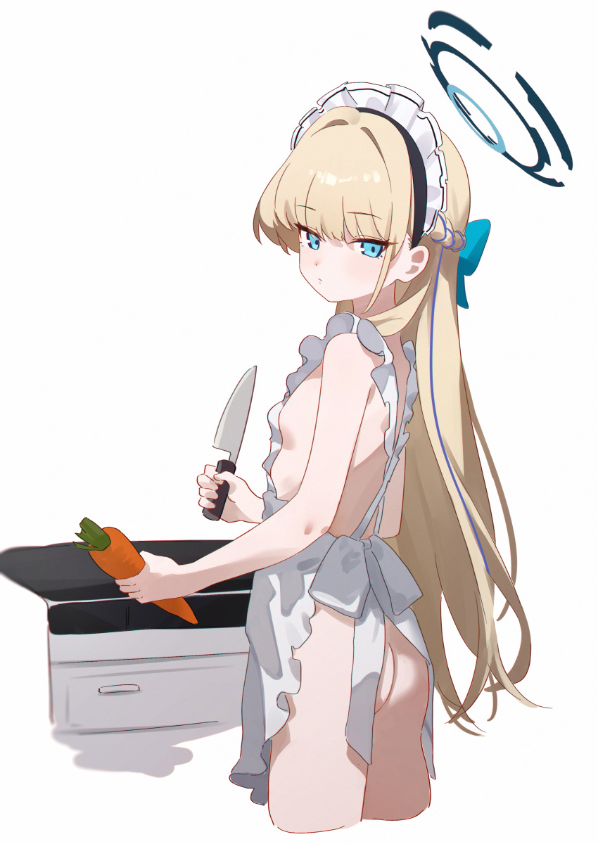 1girl absurdres apron ass blonde_hair blue_archive breasts carrot commentary cropped_legs eco_376124 halo highres holding holding_carrot holding_knife kitchen_knife knife long_hair looking_at_viewer looking_to_the_side maid_headdress naked_apron sideboob small_breasts solo toki_(blue_archive) very_long_hair white_apron