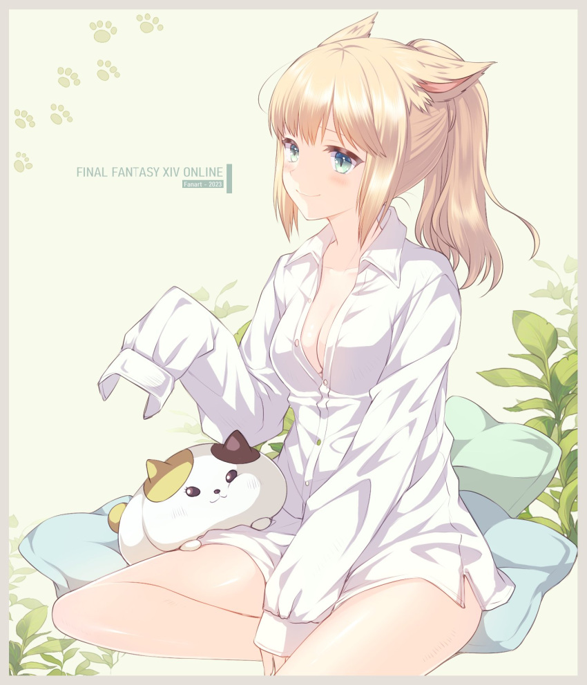 1girl animal_ears ayamisiro blonde_hair blue_eyes border breasts brown_border buttons cat cat_ears cat_girl cat_tail cheek_press cleavage collared_shirt copyright_name cushion fat_cat_(ff14) feet_out_of_frame final_fantasy final_fantasy_xiv highres leaf light_blush medium_breasts medium_hair miqo'te partially_unbuttoned paw_print plant ponytail shirt simple_background sitting sleeves_past_fingers sleeves_past_wrists slit_pupils smile solo tail wariza warrior_of_light_(ff14) white_shirt yellow_background