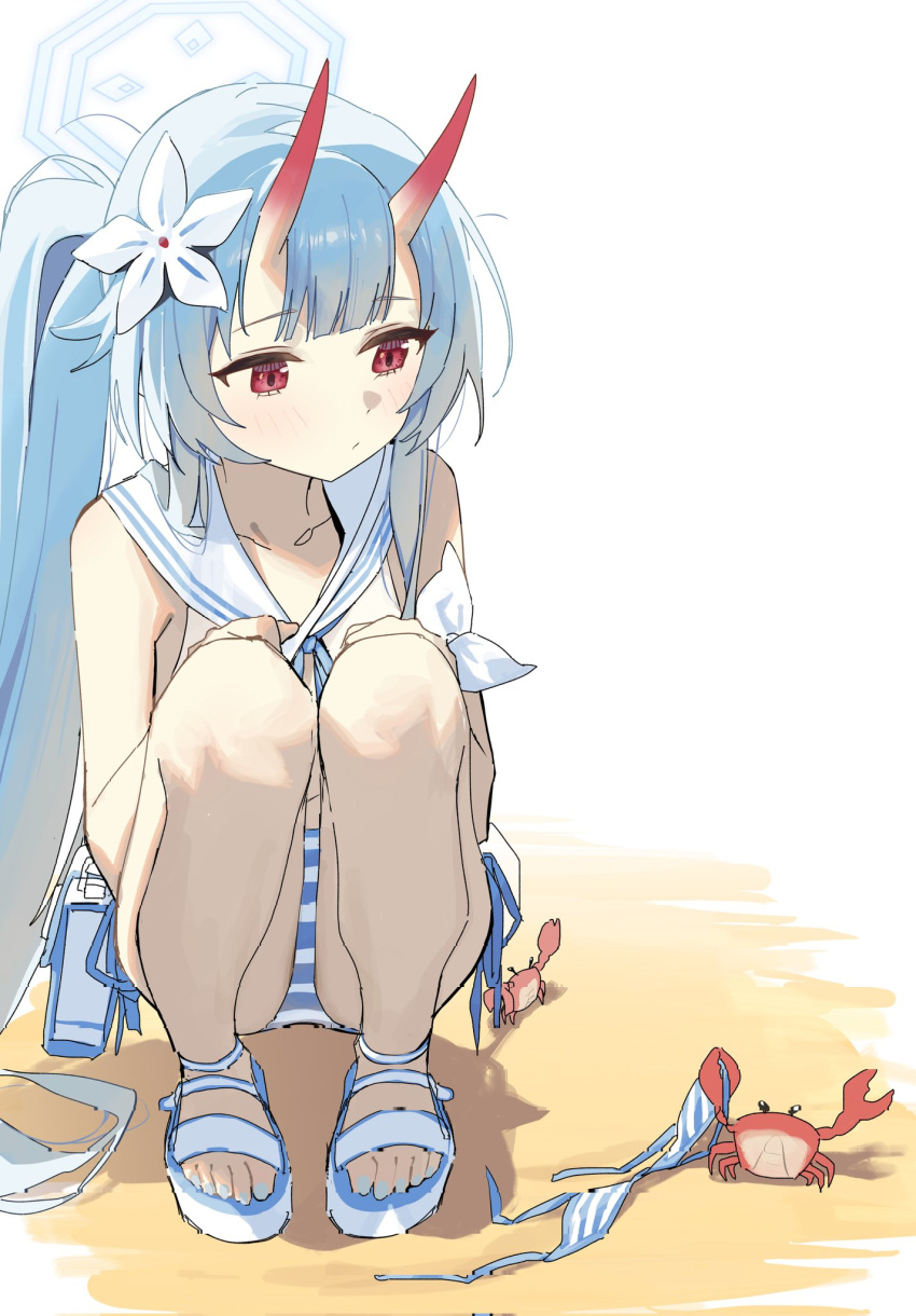 1girl ass_visible_through_thighs bare_legs beach bikini blue_archive blue_bikini blush chise_(blue_archive) chise_(swimsuit)_(blue_archive) covering_breasts covering_privates crab crotch feet full_body hair_ornament halo highres horns knees_together_feet_apart knees_up legs long_hair multicolored_horns no_socks red_eyes side_ponytail sitting skin-covered_horns striped_bikini striped_clothes swimsuit syhan toenails toes