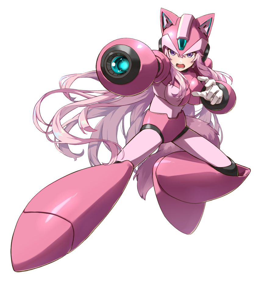 1girl absurdres aiming animal_ears_helmet armor breasts commentary cosplay forehead_jewel full_body gem gloves green_gemstone hair_between_eyes hakui_koyori helmet highres hololive large_breasts long_hair lower_teeth_only mega_man_(series) mega_man_x_(series) nanaku_teiru open_mouth pink_armor pink_eyes pink_footwear pink_hair pink_helmet pink_theme simple_background single_glove solo tail teeth virtual_youtuber white_background white_gloves wolf_girl wolf_tail x_(mega_man) x_(mega_man)_(cosplay) x_buster