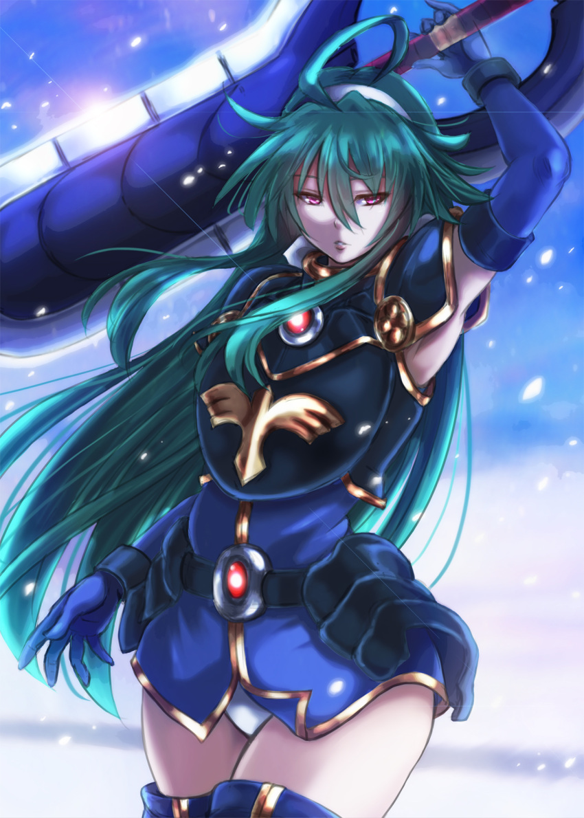 1girl ahoge armor green_hair hair_between_eyes harukaze_bou highres holding holding_weapon long_hair polaris_(shinrabanshou) red_eyes shinrabanshou solo very_long_hair weapon