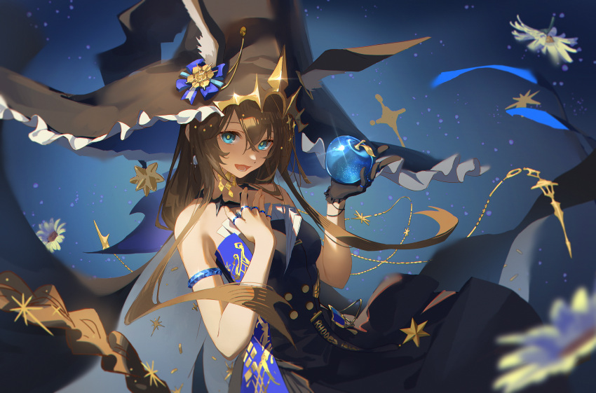 1girl ambience_synesthesia amiya_(arknights) animal_ears arknights armlet ash-c bare_shoulders black_dress black_gloves blue_apple blue_eyes brown_hair commentary_request dandelion dress flower gloves hand_on_own_chest hat highres jewelry long_hair multiple_rings necklace open_mouth rabbit_ears rabbit_girl ring solo thumb_ring witch witch_hat