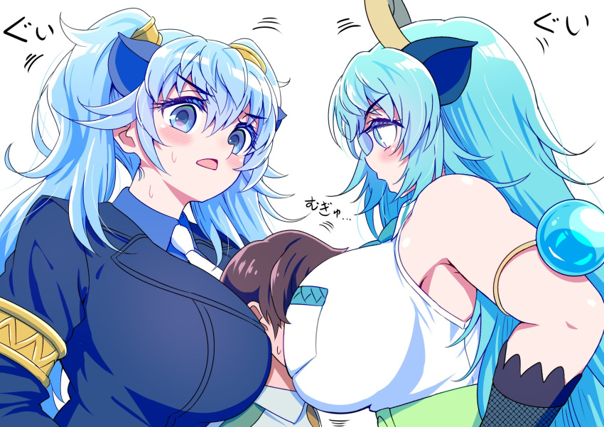 1boy 2girls animal_ears bare_shoulders belt blue_dragon_(kemono_friends) blue_eyes blue_garter_belt blue_hair blue_necktie blue_suit blush breast_smother breasts brown_hair captain_(kemono_friends) collared_shirt commentary dragon_ears dragon_girl dragon_horns extra_ears face_to_breasts fishnet_gloves fishnets girl_sandwich gloves green_belt hair_between_eyes highres horns huge_breasts jacket japari_symbol japari_symbol_print kemono_friends kemono_friends_3 long_hair long_sleeves mamiyama multicolored_hair multicolored_horns multiple_girls necktie open_mouth pink_horns safari_jacket sandwiched seiryuu_(kemono_friends) shirt short_hair short_sleeves sleeveless suit twintails yellow_horns