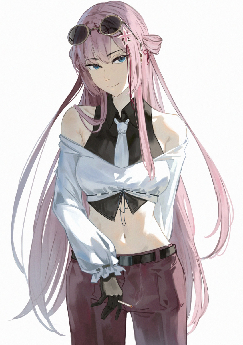 1girl absurdres algorhythm_project bare_shoulders belt black_gloves black_shirt crop_top effy_(algorhythm_project) eyewear_on_head gloves hair_ornament highres kamiro_(kamin_r0) long_hair long_sleeves midriff pants pink_hair red_pants shirt solo sunglasses virtual_youtuber white_shirt