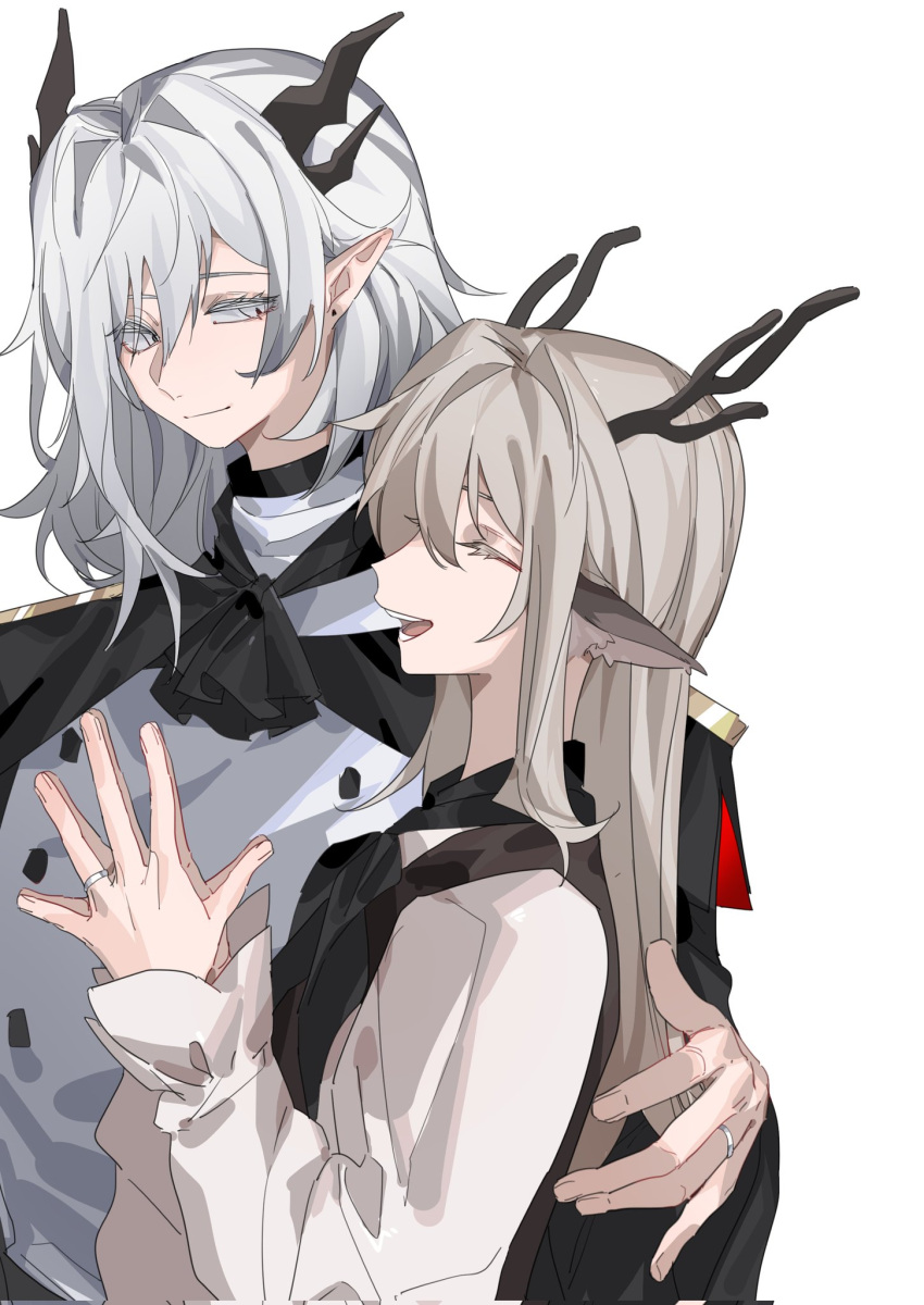 2girls alina_(arknights) animal_ears antlers arknights ascot black_ascot closed_eyes closed_mouth commentary corrupted_twitter_file deer_antlers deer_ears epaulettes grey_eyes highres horns jewelry long_hair long_sleeves molu_stranger multiple_girls own_hands_together pointy_ears ring shirt simple_background smile steepled_fingers talulah_(arknights) upper_body wedding_ring white_background white_hair white_shirt wife_and_wife yuri