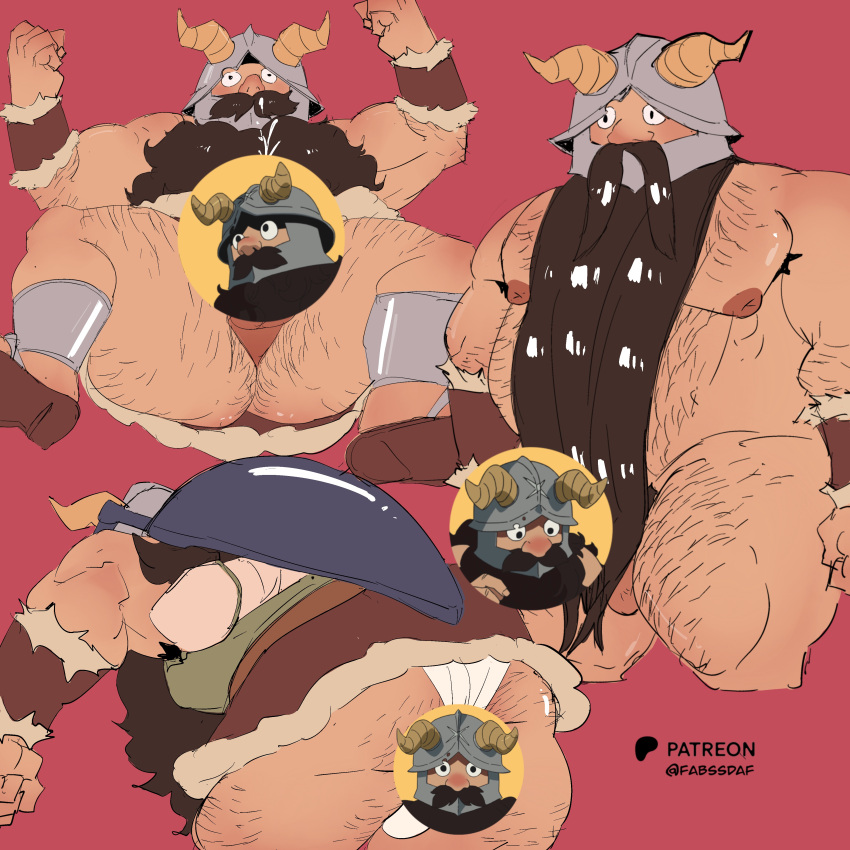 1boy absurdres armpit_hair armpit_hair_peek ass bara beard brown_hair censored character_censor collage cropped_legs derivative_work dungeon_meshi dwarf fabssdaf facial_hair fake_horns hairy helmet highres horned_helmet horns large_pectorals leaning_forward loincloth long_beard male_focus muscular muscular_male nipples novelty_censor nude pectorals screenshot_redraw senshi_(dungeon_meshi) sparse_arm_hair sparse_ass_hair standing thick_chest_hair thick_leg_hair thick_mustache thick_thighs thighs very_hairy very_long_beard wok