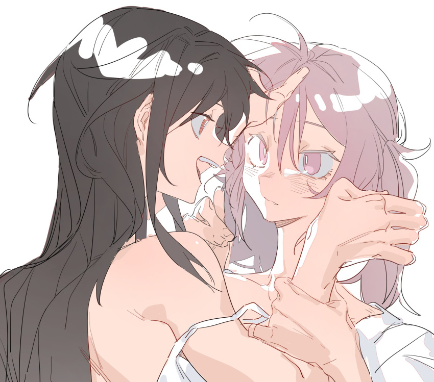 2girls bare_shoulders blush brown_hair closed_mouth commentary dress eye_contact fang hand_on_another's_face hand_on_another's_head hand_on_another's_wrist hands_up highres long_hair looking_at_another molu_stranger multiple_girls nijisanji open_mouth pink_eyes pink_hair shirayuki_tomoe simple_background smile strap_slip sukoya_kana twintails upper_body virtual_youtuber white_background white_dress yuri