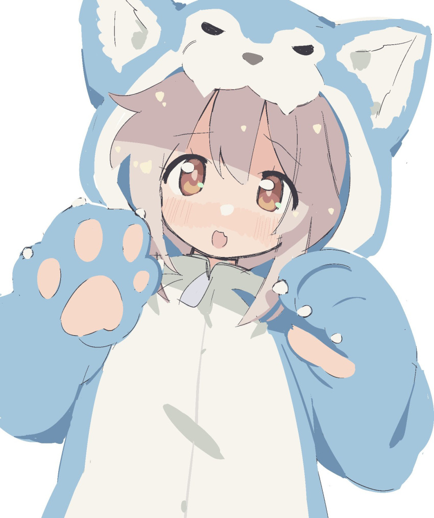 1girl animal_costume animal_hands animal_hood blush brown_eyes fang grey_hair highres hood hood_up lisa_(mochi070823) looking_at_viewer onii-chan_wa_oshimai! open_mouth oyama_mahiro simple_background skin_fang solo upper_body white_background wolf_costume