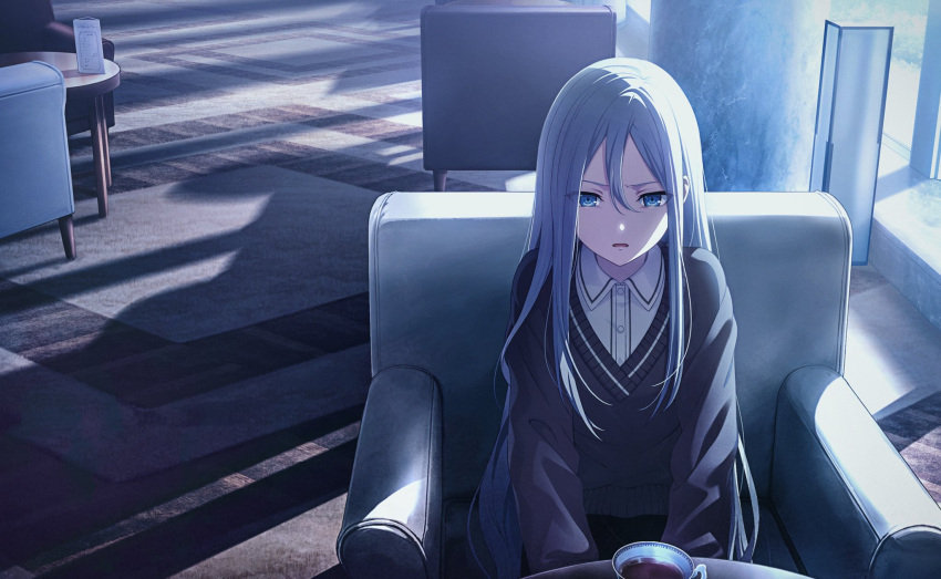 1girl angry armchair blue_eyes chair collared_shirt colorful_palette cup dress_shirt grey_hair hair_between_eyes hair_over_shoulder highres indoors long_hair long_sleeves looking_at_viewer menu official_art on_chair open_mouth project_sekai shade shadow shirt sidelocks sitting solo sweater table third-party_source very_long_hair yoisaki_kanade