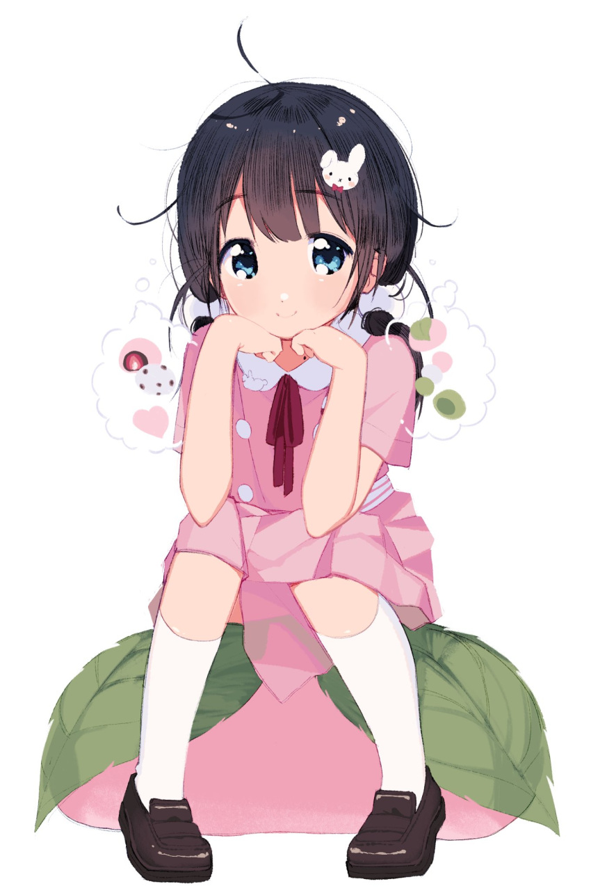 1girl black_hair blue_eyes blush food full_body hair_ornament highres kitashirakawa_tamako lisa_(mochi070823) loafers looking_at_viewer low_twintails messy_hair mochi mole mole_on_neck pink_shirt pink_skirt pleated_skirt pom_pom_(clothes) pom_pom_hair_ornament rabbit_hair_ornament shirt shoes short_sleeves simple_background sitting skirt smile socks solo tamako_market twintails white_background white_socks