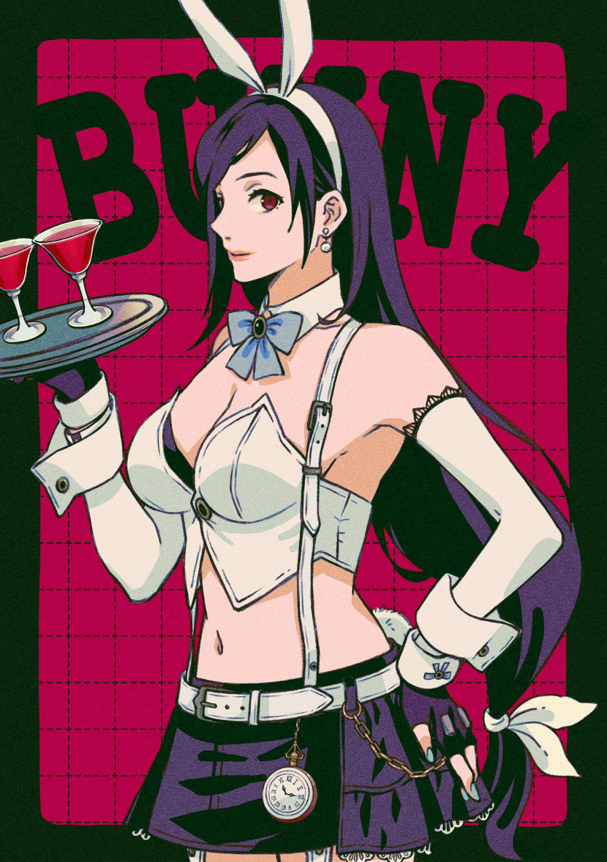 1girl animal_ears black_border black_hair blue_nails border bow bowtie breasts brown_eyes cleavage detached_collar detached_sleeves earrings fake_animal_ears fake_tail final_fantasy final_fantasy_vii final_fantasy_vii_ever_crisis fingerless_gloves gloves grid_background hand_on_own_hip highres holding holding_tray jewelry long_hair looking_at_viewer low-tied_long_hair official_alternate_costume outside_border pocket_watch quichi_91 rabbit_ears rabbit_tail red_background skirt solo suspenders tail tifa_lockhart tifa_lockhart_(bunny_bustier) tray watch wrist_cuffs