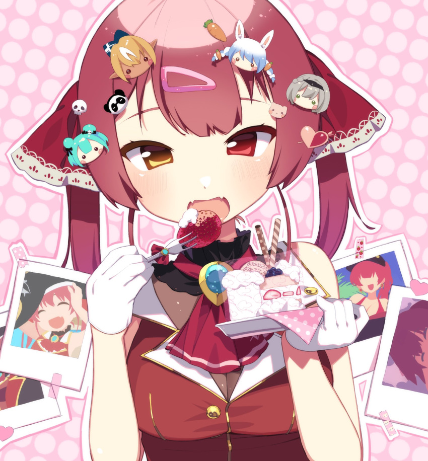 1girl blush bodysuit breasts cake carrot_hair_ornament cat_hair_ornament character_hair_ornament closed_eyes fangs food food-themed_hair_ornament fork fruit gloves hair_ornament hair_ribbon hairclip heart heart_hair_ornament heterochromia highres holding hololive houshou_marine lisa_(faeuna) long_hair looking_at_viewer open_mouth outline photo_(object) pink_background plate red_eyes red_ribbon ribbon shiranui_flare shirogane_noel simple_background skin_fangs skull_hair_ornament solo strawberry twintails uruha_rushia usada_pekora virtual_youtuber white_gloves yellow_eyes