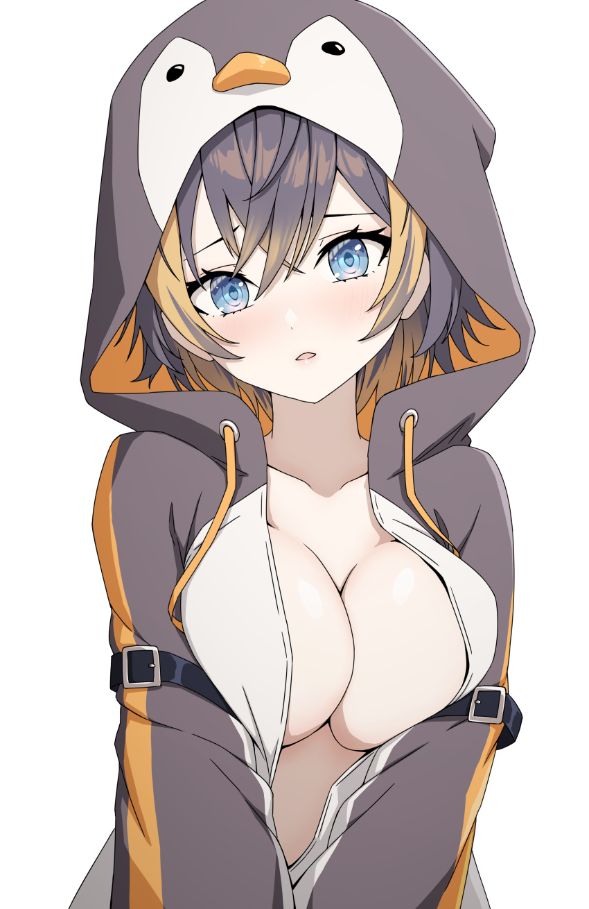 1girl absurdres animal_hood black_hair blonde_hair blue_eyes blush breasts cleavage collarbone daydarion hair_between_eyes highres hood hoodie large_breasts looking_at_viewer multicolored_hair naked_hoodie nijisanji nijisanji_en open_clothes open_hoodie parted_lips penguin_hood petra_gurin petra_gurin_(1st_costume) short_hair simple_background solo two-tone_hair virtual_youtuber white_background