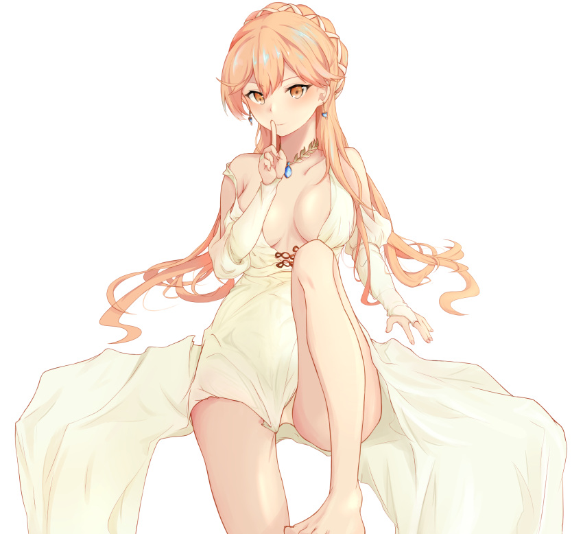 1girl bare_legs bare_shoulders blonde_hair blush braid breasts closed_mouth clov3r collarbone commentary_request dress earrings eyebrows_visible_through_hair finger_to_mouth french_braid girls'_frontline gloves hair_ornament heart heart_earrings highres jewelry korean_commentary legs long_hair looking_at_viewer medium_breasts necklace no_shoes ots-14_(girls'_frontline) panties pantyshot partially_fingerless_gloves ring sitting smile solo toes underwear white_background white_dress white_gloves white_panties yellow_eyes