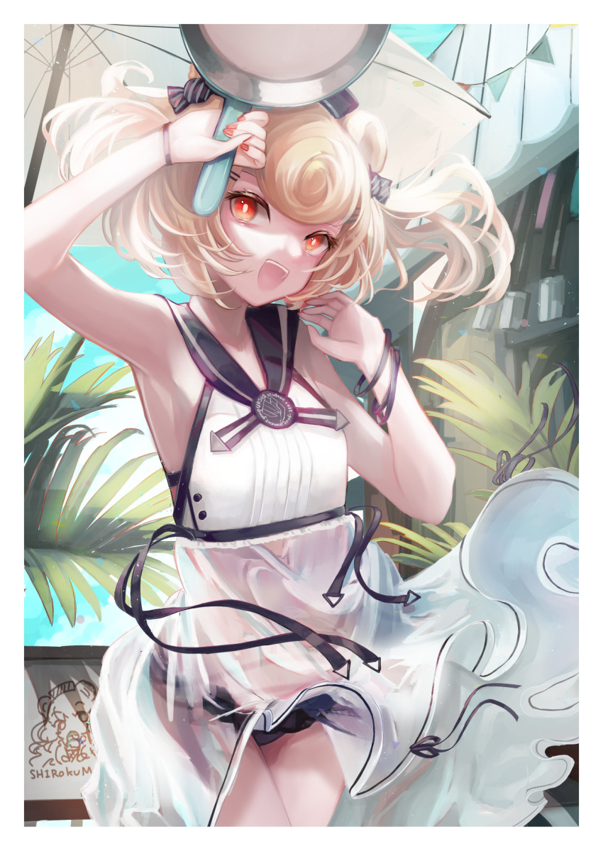 1girl animal_ears arknights bikini bikini_bottom black_swimsuit blonde_hair border cameo candy_hair_ornament commentary_request cowboy_shot fern food-themed_hair_ornament frying_pan gummy_(arknights) gummy_(summer_flowers)_(arknights) hair_ornament hand_up hemorina highres holding holding_frying_pan looking_at_viewer navel official_alternate_costume open_mouth orange_eyes rosa_(arknights) see-through shirt short_hair solo standing stomach swimsuit umbrella white_border white_shirt white_swimsuit white_umbrella wristband