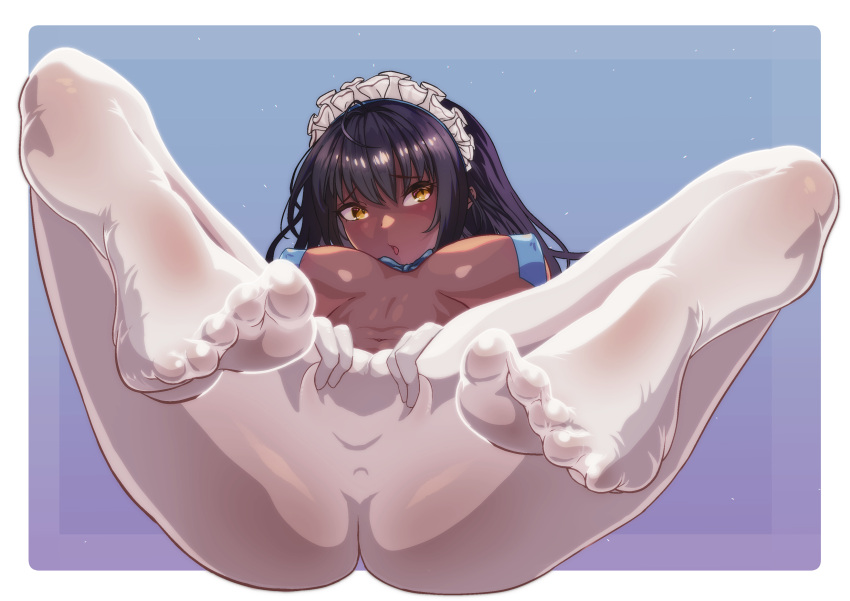 1girl ahoge ass black_hair blue_archive breasts covered_nipples covered_pussy dark-skinned_female dark_skin full_body green_eyes highres karin_(blue_archive) large_breasts long_hair looking_to_the_side m_legs maid_headdress matobe_ono neck_ribbon no_halo no_shoes open_mouth pantyhose pussy ribbon spread_pussy spread_pussy_under_clothes toes white_pantyhose