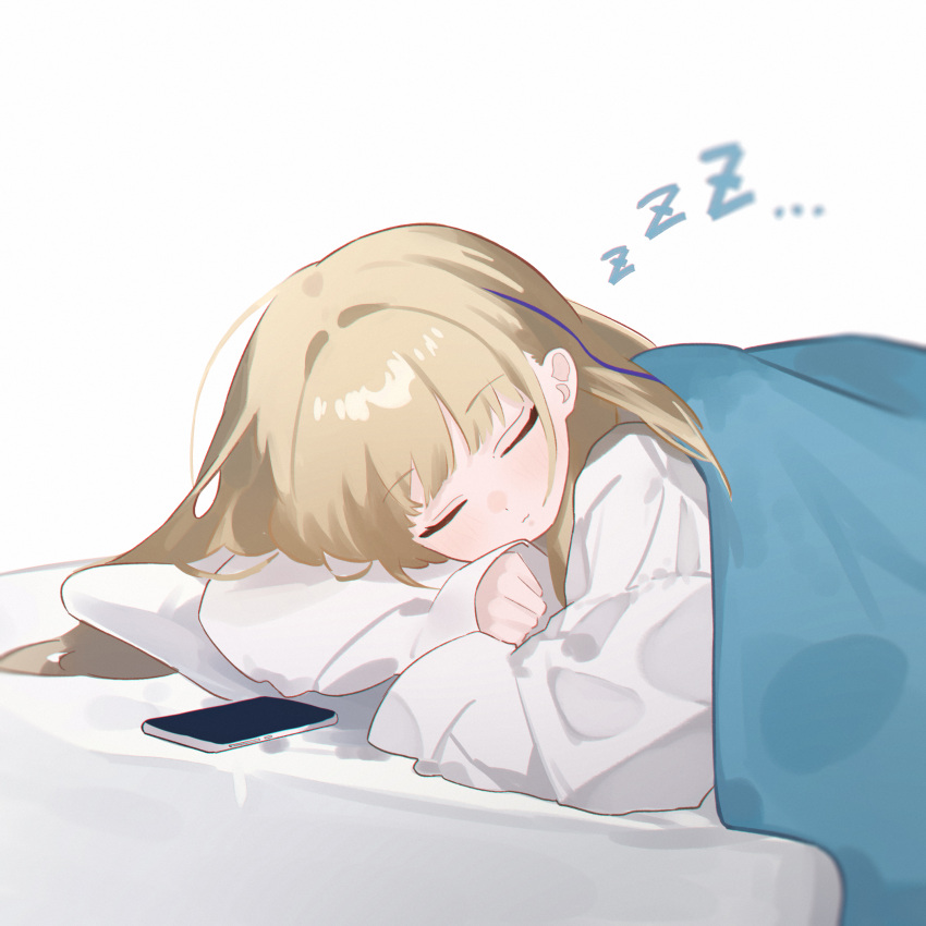 1girl absurdres bed_sheet blonde_hair blue_archive cellphone closed_eyes commentary eco_376124 highres lying on_side phone pillow shirt sleeping solo toki_(blue_archive) under_covers white_shirt zzz