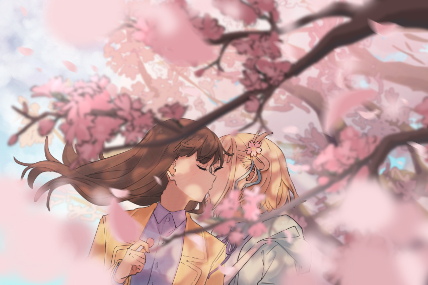 2girls absurdres blonde_hair blue_ribbon brown_jacket cherry_blossoms closed_eyes collared_shirt commentary couple day dress_shirt fafayu falling_petals floating_hair flower hair_flower hair_ornament hair_ribbon highres inoue_takina jacket kiss long_hair lycoris_recoil multiple_girls neck_ribbon nishikigi_chisato one_side_up outdoors petals purple_ribbon purple_shirt ribbon shirt short_hair symbol-only_commentary upper_body yuri