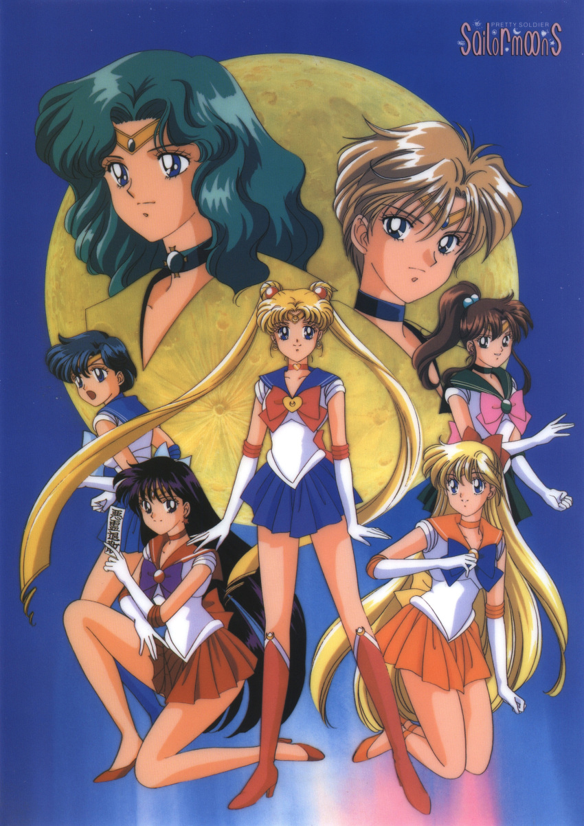 1990s_(style) 6+girls absurdres aino_minako aqua_hair bangs bishoujo_senshi_sailor_moon black_eyes black_hair blonde_hair blue_bow blue_choker blue_eyes blue_footwear blue_hair blue_sailor_collar blue_skirt boots bow brown_hair choker copyright_name crescent crescent_earrings double_bun earrings elbow_gloves eyebrows_visible_through_hair full_moon gloves green_choker green_sailor_collar green_skirt hair_bobbles hair_bow hair_ornament heart heart_choker high_heels high_ponytail highres hino_rei holding jewelry kaiou_michiru kino_makoto knee_boots kneeling leotard light_brown_hair long_hair looking_at_viewer magical_girl miniskirt mizuno_ami moon multiple_girls official_art ofuda open_mouth orange_choker orange_footwear orange_sailor_collar orange_skirt pink_bow pink_footwear ponytail purple_bow red_bow red_choker red_footwear red_sailor_collar red_skirt retro_artstyle sailor_collar sailor_jupiter sailor_mars sailor_mercury sailor_moon sailor_neptune sailor_senshi sailor_senshi_uniform sailor_uranus sailor_venus scan short_hair skirt smile squatting standing strappy_heels ten'ou_haruka tiara tsukino_usagi twintails very_long_hair