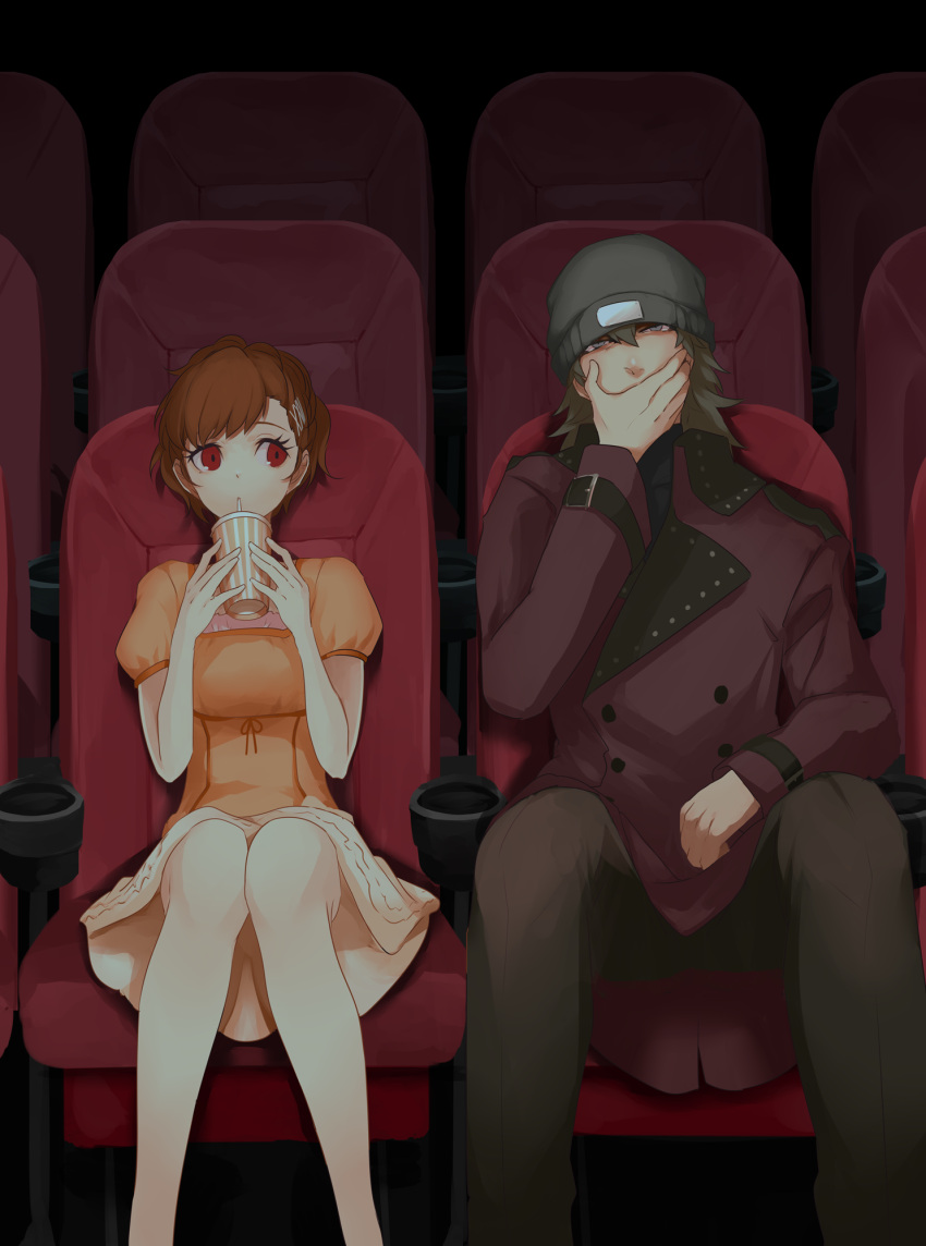 1boy 1girl andkyuryuu aragaki_shinjirou beanie black_shirt brown_hair chair coat covered_mouth covering_own_mouth cup disposable_cup dress drinking drinking_straw feet_out_of_frame grey_eyes grey_hat hair_between_eyes hair_ornament hairclip hand_over_own_mouth hat highres holding holding_cup indoors knees_together_feet_apart long_sleeves looking_at_another medium_hair movie_theater orange_dress persona persona_3 persona_3_portable puffy_short_sleeves puffy_sleeves red_coat red_eyes shiomi_kotone shirt short_hair short_sleeves sitting theater theater_seating trench_coat turtleneck