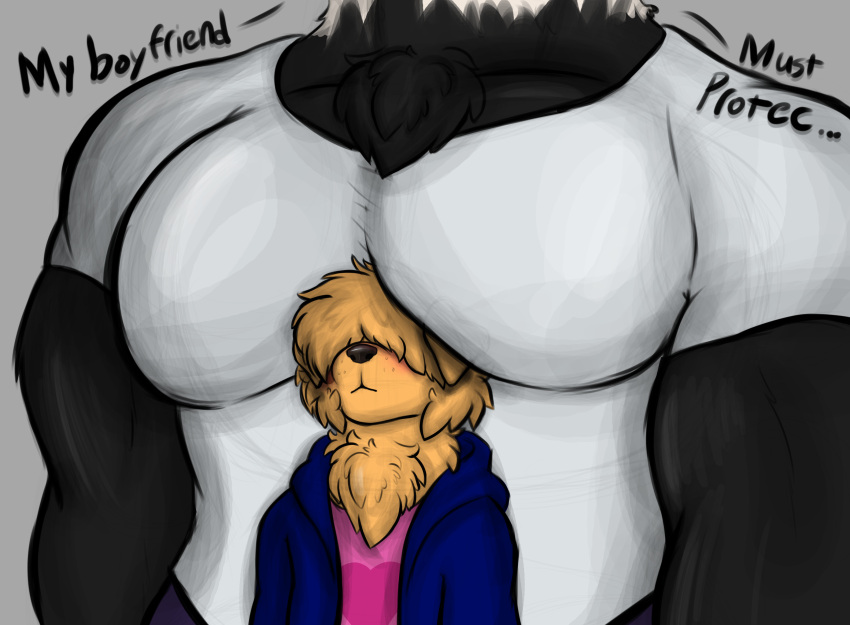 anthro bear big_pecs bird_dog blush canid canine canis chest_tuft clothing dialogue diggy_(diggydog) diggydog domestic_dog duo facial_tuft fur fur_markings giant_panda golden_retriever hair hair_over_eyes hi_res huge_pecs hunting_dog lucas_(diggydog) male male/male mammal markings multicolored_body multicolored_fur muscular muscular_anthro muscular_male pecs retriever simple_background size_difference sweater topwear tuft two_tone_body two_tone_fur