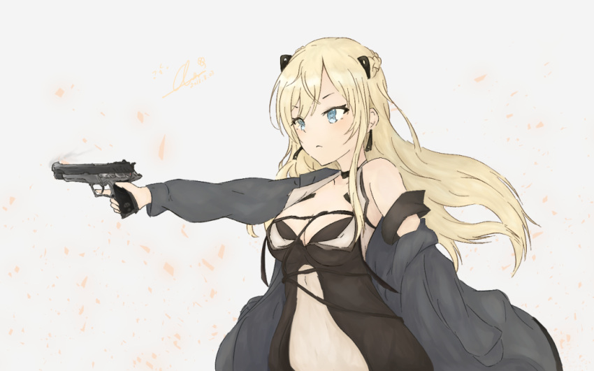 1girl alternate_costume artist_name bangs black_dress blonde_hair blue_eyes blush breasts cleavage closed_mouth clov3r daewoo_k5 dress earrings eyebrows_visible_through_hair girls'_frontline grey_jacket gun handgun holding holding_gun holding_weapon jacket jacket_pull jewelry k5_(girls'_frontline) long_hair looking_away medium_breasts open_clothes open_jacket petals pistol simple_background solo weapon white_background