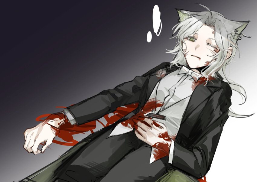 1girl animal_ear_fluff animal_ears arknights black_background black_jacket black_pants blood blood_from_mouth blood_on_clothes blood_on_face blood_on_ground bow bowtie cat_ears commentary gradient_background green_eyes hashtag-only_commentary highres jacket kal'tsit_(arknights) long_hair looking_at_viewer lying molu_stranger on_back one_eye_closed pants parted_lips scar scar_on_face shirt solo tuxedo vest waistcoat white_background white_bow white_bowtie white_hair white_shirt white_vest