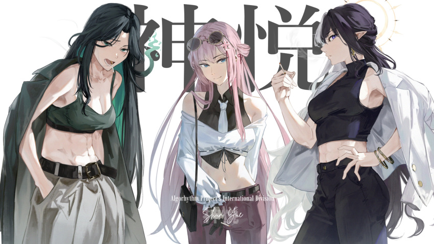 3girls absurdres algorhythm_project bare_shoulders belt black_bag black_gloves black_hair black_jacket black_pants black_shirt blowing_smoke breasts cigarette closed_mouth crop_top earrings effy_(algorhythm_project) eileennoir evalia_(algorhythm_project) eyewear_on_head gloves green_hair grey_pants hair_ornament highres holding holding_cigarette jacket jewelry kamiro_(kamin_r0) long_hair long_sleeves medium_breasts midriff mouth_hold multicolored_hair multiple_girls pants pink_hair pointy_ears purple_eyes red_pants shen_yue_(algorhythm_project) shirt smoke smoking stomach sunglasses thai_commentary two-tone_hair virtual_youtuber white_hair white_jacket white_shirt