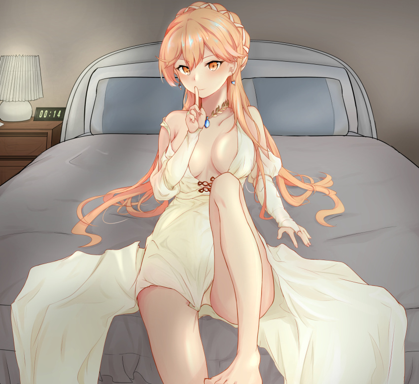1girl bare_legs bare_shoulders bed blonde_hair blush braid breasts closed_mouth clov3r collarbone commentary_request dress earrings eyebrows_visible_through_hair finger_to_mouth french_braid girls'_frontline gloves hair_ornament heart heart_earrings highres jewelry korean_commentary lamp legs long_hair looking_at_viewer medium_breasts necklace no_shoes on_bed ots-14_(girls'_frontline) panties pantyshot partially_fingerless_gloves pillow ring sitting sitting_on_bed smile solo toes underwear white_background white_dress white_gloves white_panties yellow_eyes