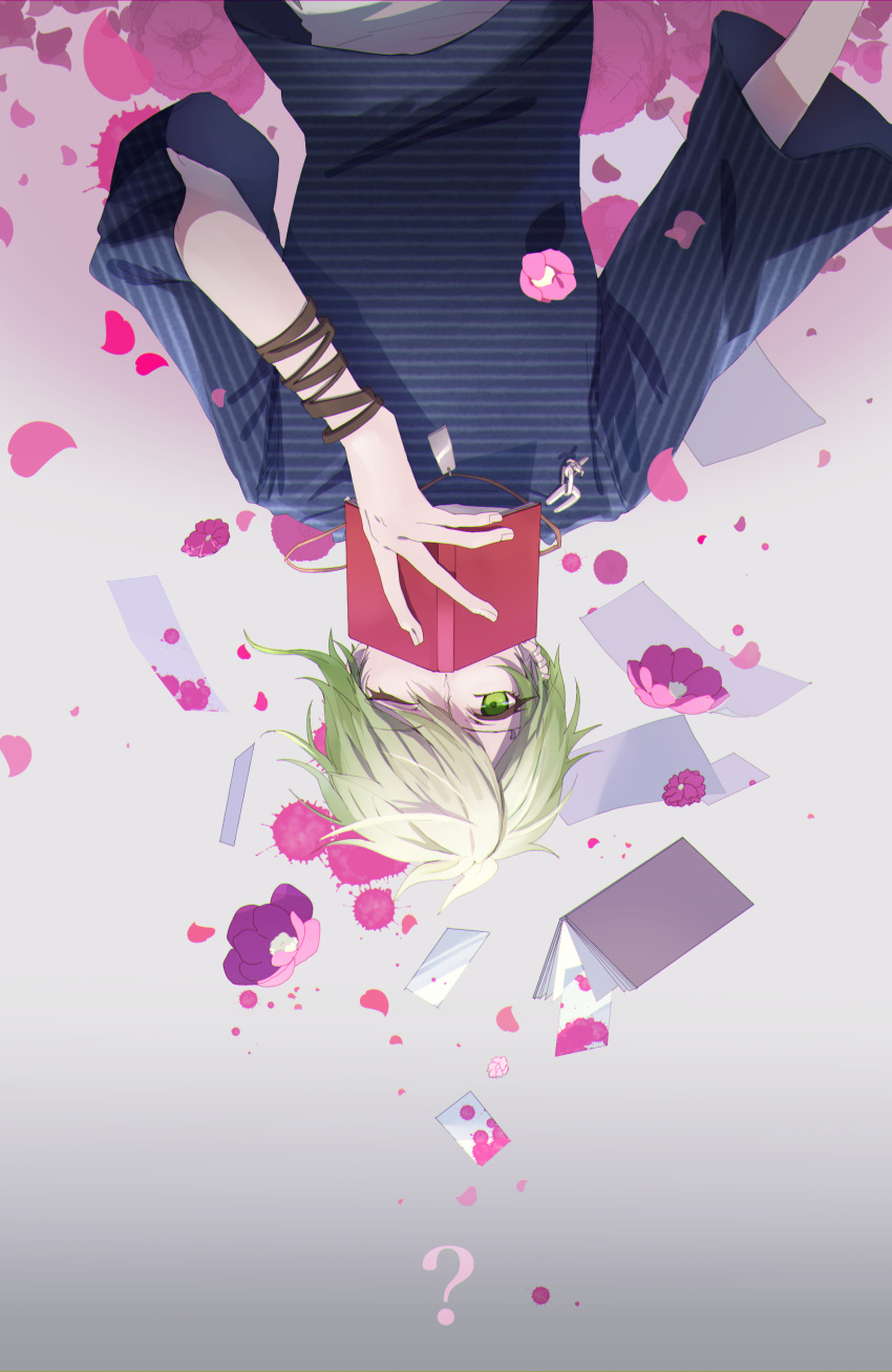 1boy ? absurdres amami_rantaro antenna_hair blood blood_splatter blood_stain blue_shirt blue_sleeves book brown_bracelet chain commentary_request covered_mouth cowboy_shot danganronpa_(series) danganronpa_v3:_killing_harmony eyelashes flower gradient_background green_eyes green_hair grey_background highres holding holding_book jewelry long_sleeves looking_at_viewer male_focus multiple_bracelets nagichiro one_eye_closed open_book paper pendant petals pink_blood pink_flower shirt short_hair simple_background solo straight-on striped_clothes striped_shirt upside-down vertical-striped_sleeves white_undershirt