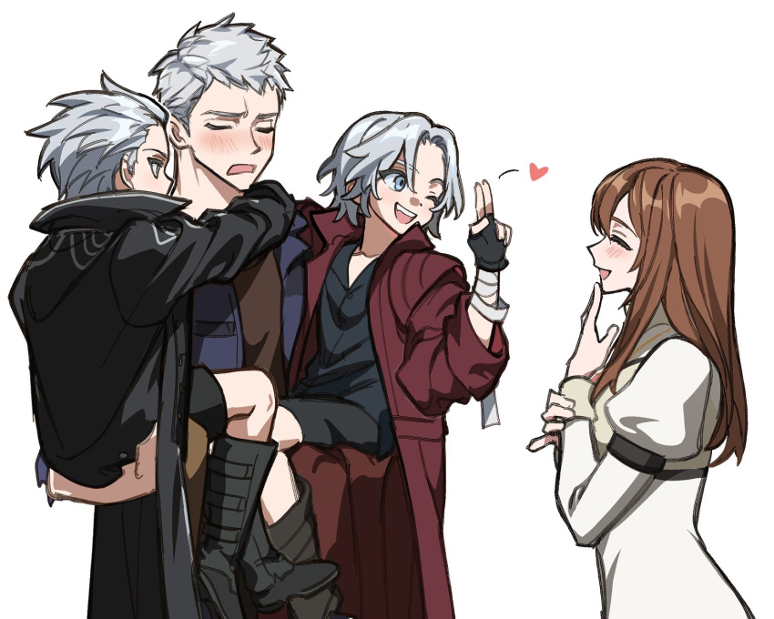 1girl 3boys black_gloves blue_eyes blush brown_hair carrying carrying_person closed_eyes coat devil_may_cry_(series) devil_may_cry_5 dress fingerless_gloves gloves highres holding kyrie long_hair male_focus multiple_boys nero_(devil_may_cry) open_mouth short_hair simple_background smile vergil_(devil_may_cry) white_background white_hair wuliu_heihuo