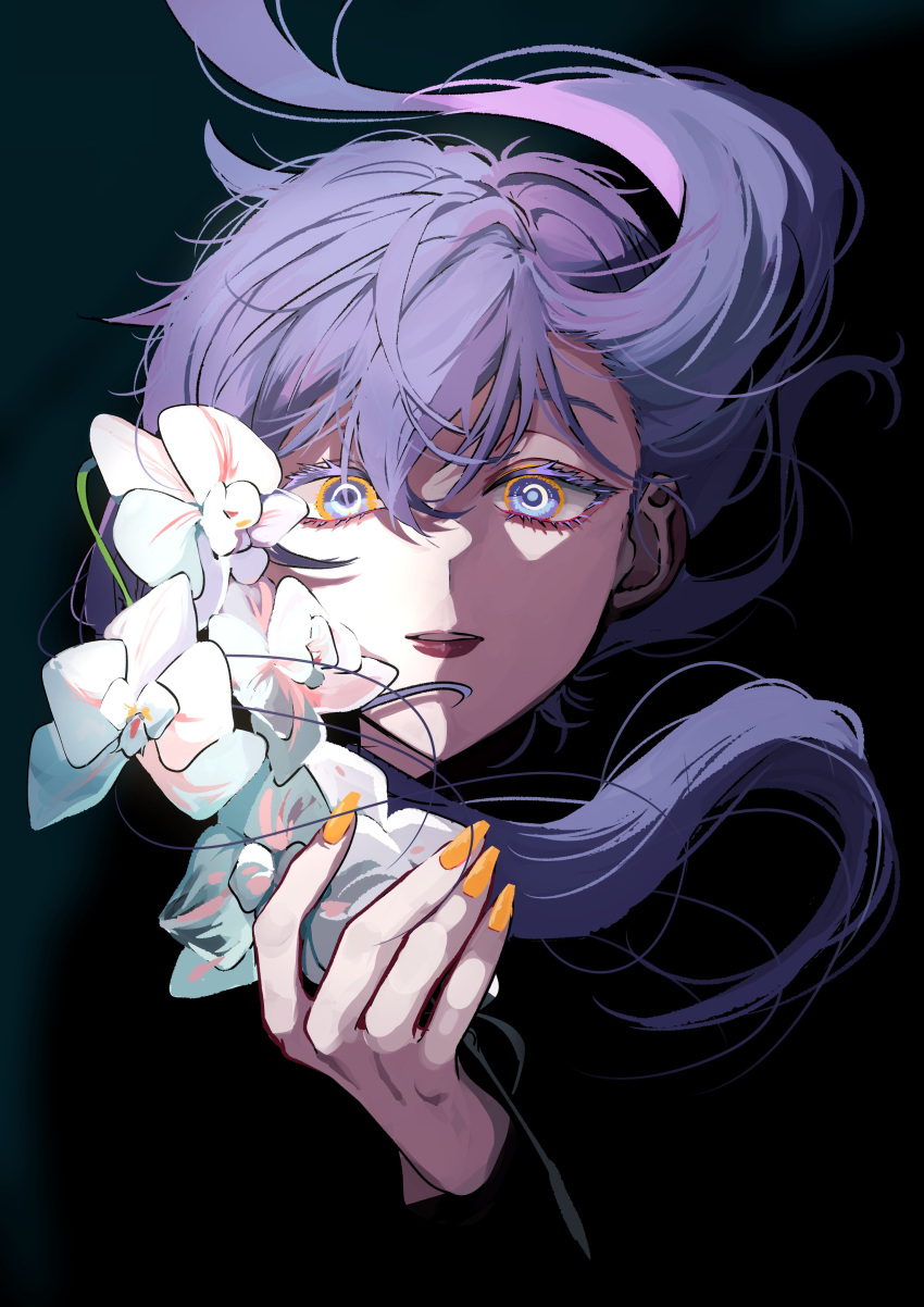 1girl absurdres alternate_eye_color bad_id bad_twitter_id black_background colored_eyelashes floating_hair flower hair_floating_upwards hand_up highres holding holding_flower inactive_account light_smile long_hair looking_at_viewer multicolored_eyes onion_jounouchi orange_eyes orange_nails parted_lips purple_eyes purple_hair red_lips short_hair_with_long_locks sidelocks simple_background solo upper_body vocaloid voiceroid white_flower yuzuki_yukari