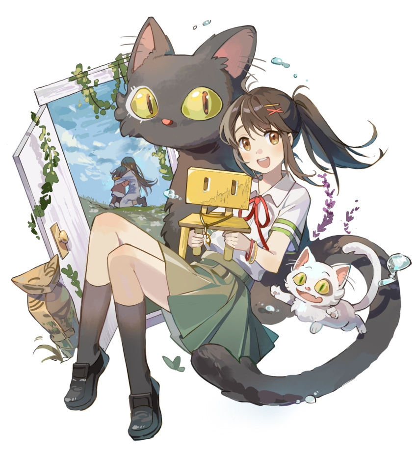 3girls :d antenna_hair black_cat black_footwear black_socks blue_sky bracelet brown_eyes brown_hair cat chair chinese_commentary commentary_request daijin_(suzume) field floating from_side full_body green_skirt hair_ornament hairpin highres holding_chair hug ivy iwato_suzume jewelry kneehighs knees_up loafers looking_at_viewer medium_hair moss multiple_girls munakata_souta munakata_souta_(chair) neck_ribbon open_door open_mouth ponytail red_ribbon ribbon sadaijin_(suzume) school_uniform shirt shirt_tucked_in shoes short_sleeves simple_background skirt sky smile socks solo_focus statue suzume_no_tojimari swept_bangs waguxuyalian white_background white_cat white_shirt x_hair_ornament