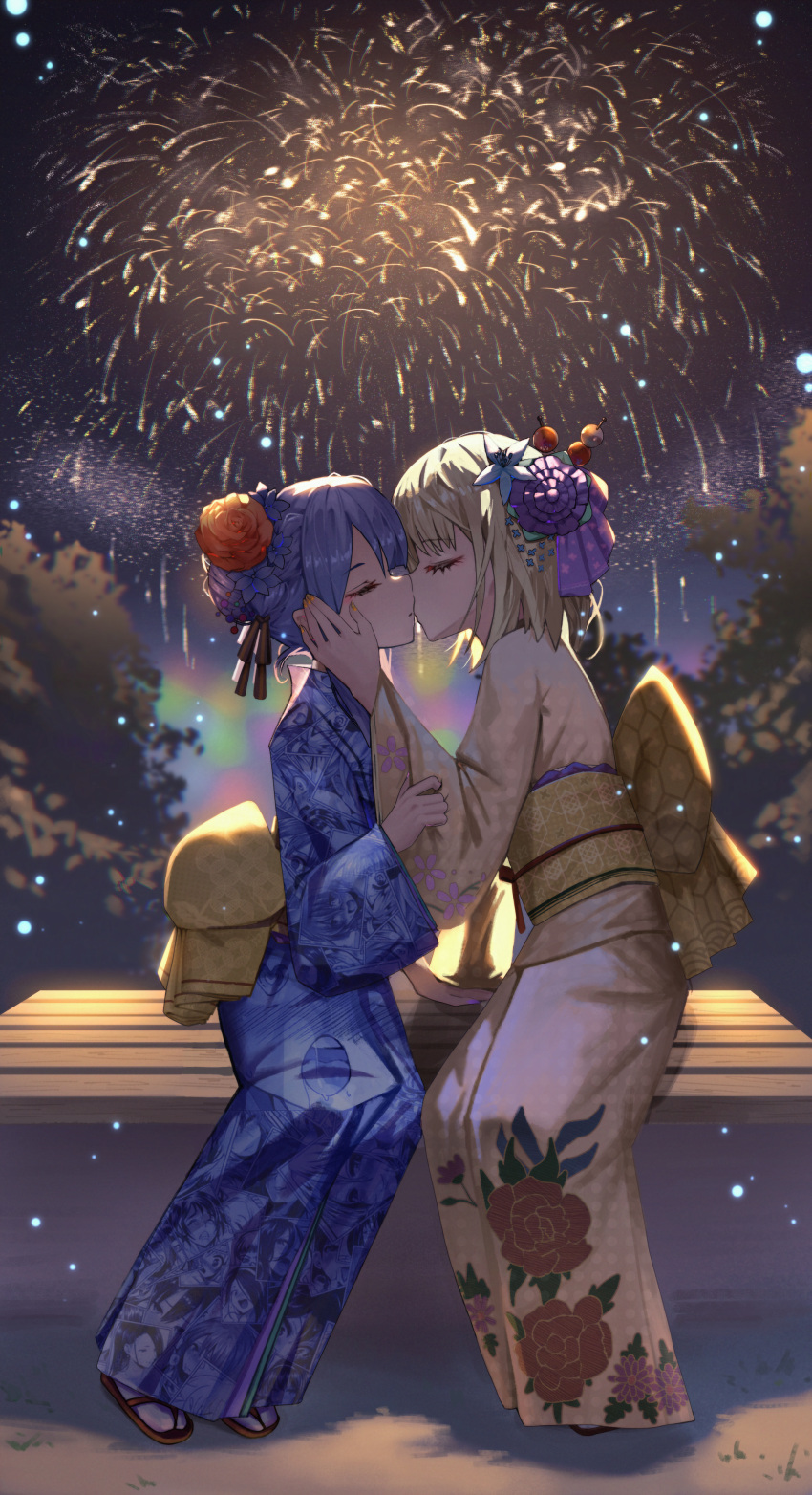 2girls absurdres ahegao_pattern back_bow bang_dream! bang_dream!_it's_mygo!!!!! blonde_hair blue_flower blue_hair blue_kimono bow closed_eyes closed_mouth commentary_request fireworks flower full_body fuujin_(windust_michio) hair_flower hair_ornament hair_ribbon hand_on_another's_face highres japanese_clothes kimono kiss long_sleeves medium_hair misumi_uika multiple_girls night obi on_bed outdoors print_kimono purple_flower purple_ribbon red_flower ribbon sandals sash sitting tabi togawa_sakiko tree yellow_kimono yellow_nails yuri zouri