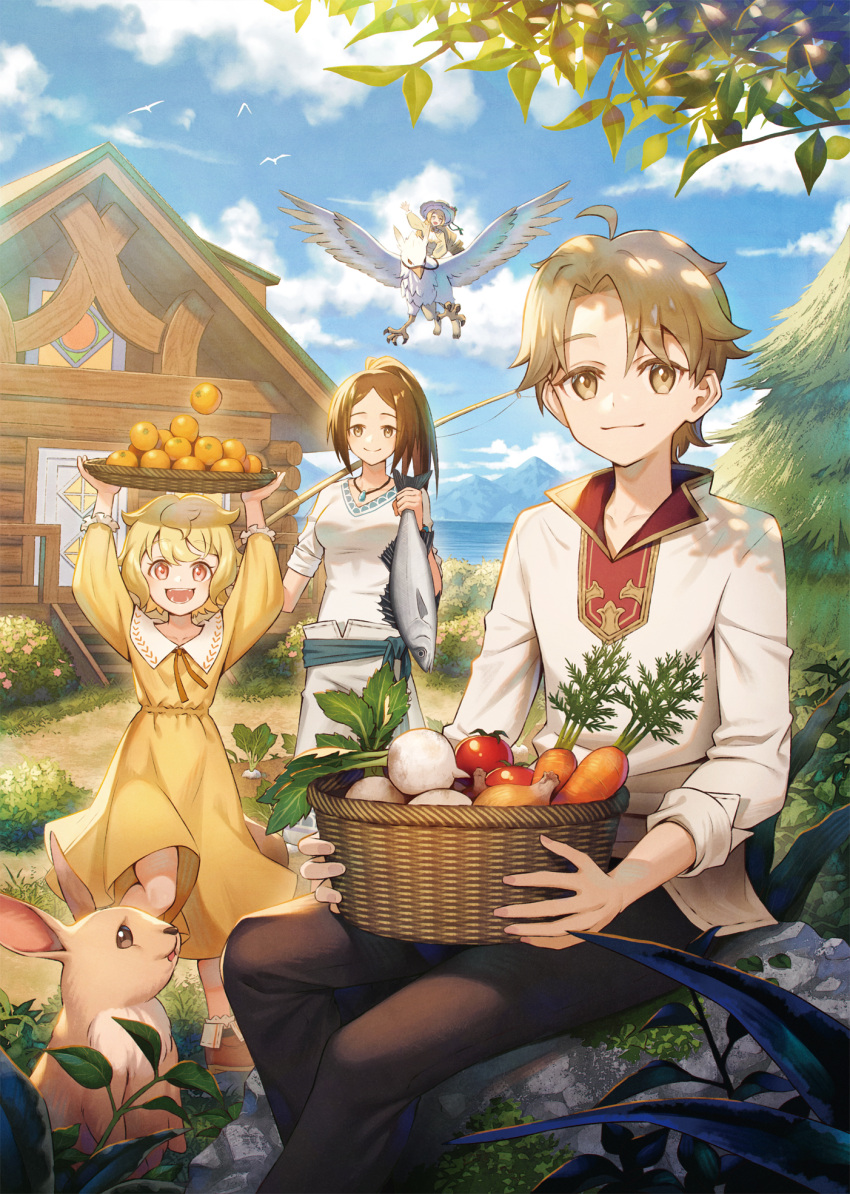 1boy 3girls animal arms_up basket black_pants blue_sky brown_hair bush carrot cloud cover cover_page day dress fish fishing_rod griffin hat highres holding holding_animal holding_fish holding_fishing_rod house island_tsukuru jewelry multiple_girls necklace novel_cover official_art onion outdoors pants ponytail rabbit radish rock shirt sho_(sumika) short_hair sitting sitting_on_rock sky sleeves_rolled_up stairs tomato tree water white_shirt yellow_dress