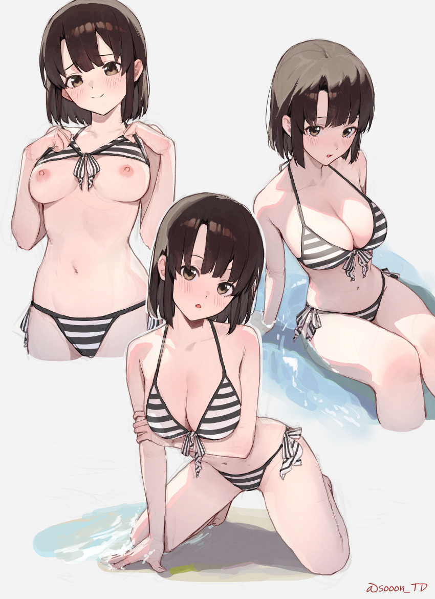 1girl absurdres arm_support arm_under_breasts bikini bikini_top_lift black_bikini breasts brown_eyes brown_hair cleavage clothes_lift commentary front-tie_bikini_top front-tie_top grey_background highres katou_megumi lifted_by_self looking_at_viewer medium_breasts multiple_views navel nipples open_mouth partially_submerged saenai_heroine_no_sodatekata short_hair side-tie_bikini_bottom sitting smile sooon striped_bikini striped_clothes swimsuit twitter_username water white_bikini