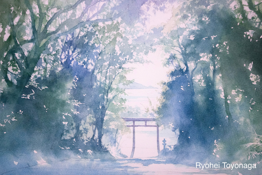 absurdres blue_sky cloud cloudy_sky forest highres nature no_humans original outdoors painting_(medium) shadow sky stone_lantern sunlight torii toyonaga_ryouhei traditional_media watercolor_(medium)